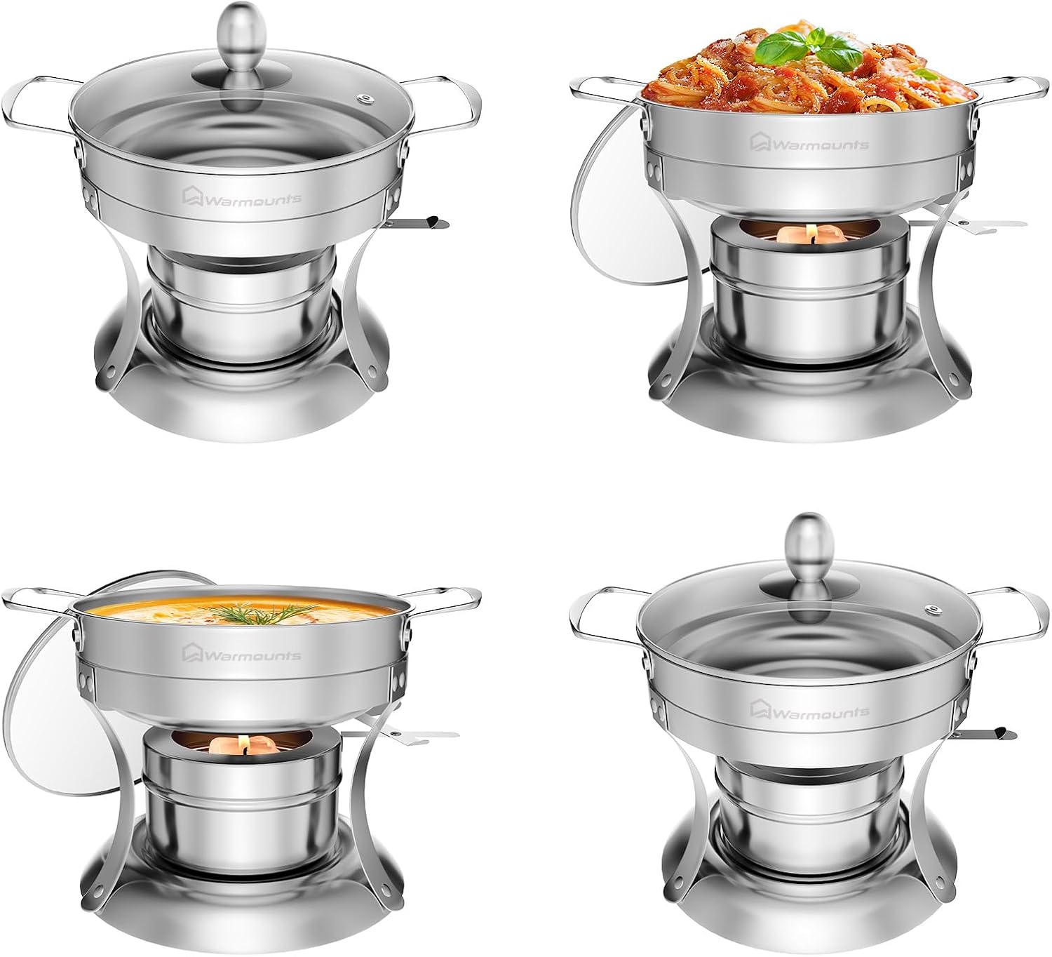 WARMOUNTS 1QT – Juego de 4 platos para bufé, olla caliente individual Shabu individual, acero inoxidable, tapa de vidrio, mini platos redondos para