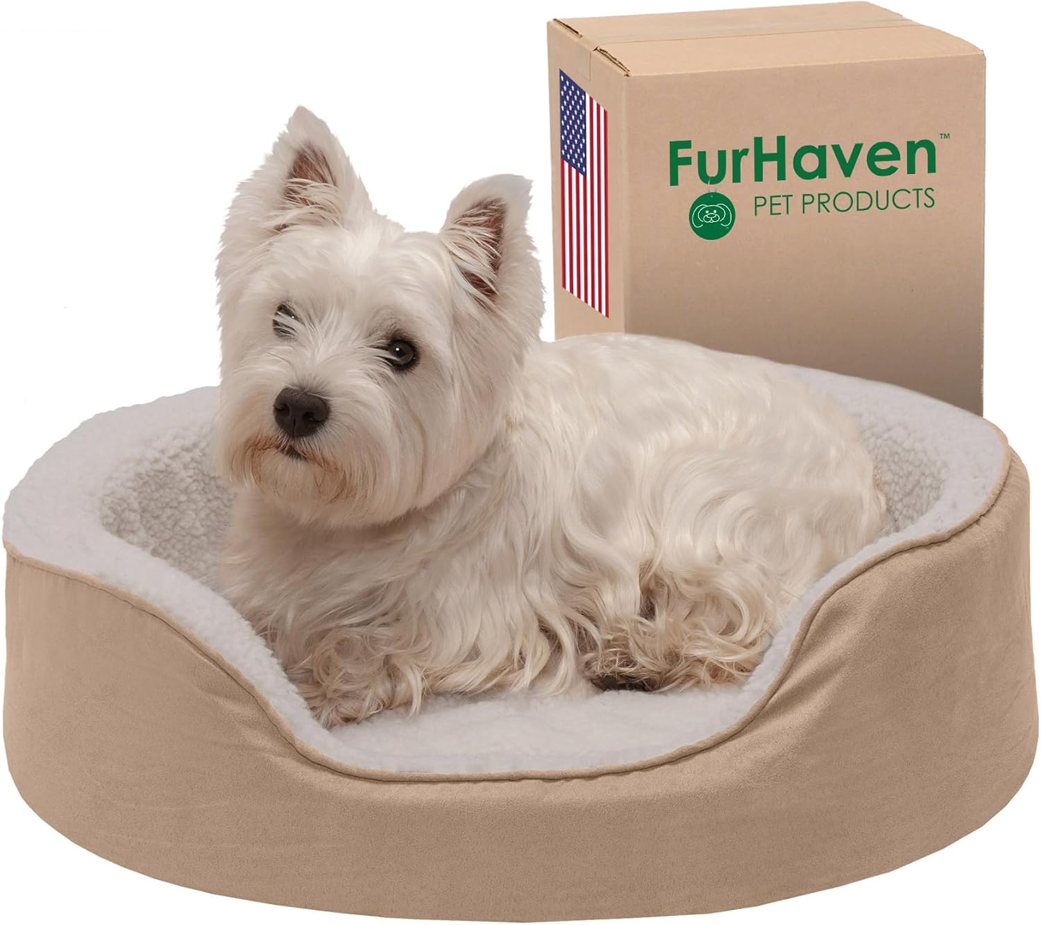 Cama para perro Furhaven Pet ovalada, redonda, para relajarse y no tener ansiedad, con base extraíble para perros y gatos, con múltiples estilos,