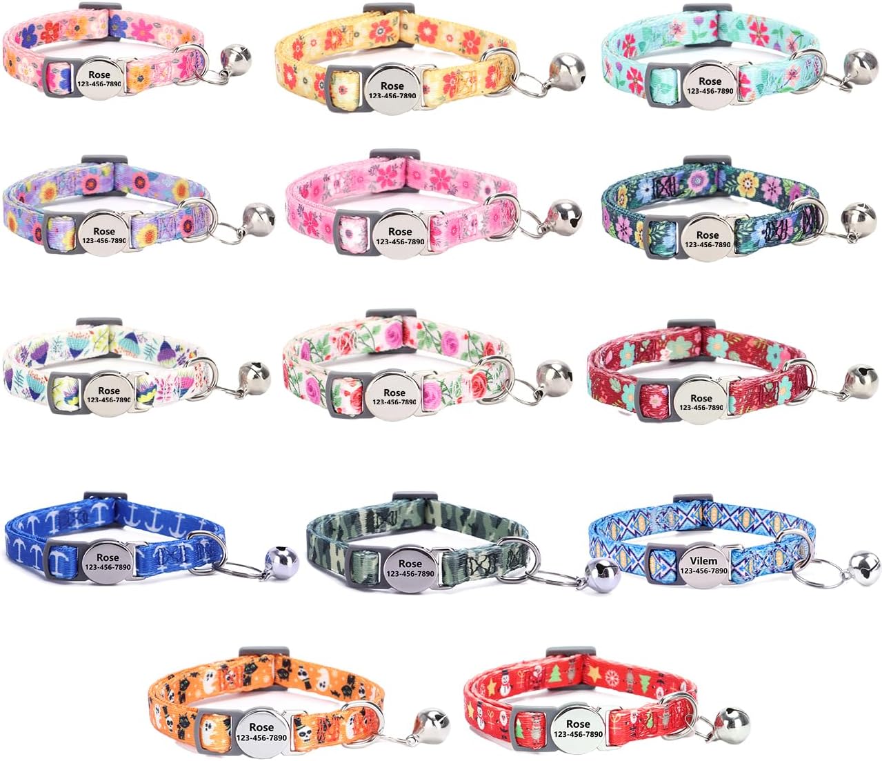 Collar de gato personalizado con nombre de identificación, placa de número de teléfono, patrón floral grabado personalizado, collar de gatito con