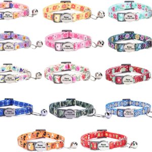 Collar de gato personalizado con nombre de identificación, placa de número de teléfono, patrón floral grabado personalizado, collar de gatito con Collar de gato personalizado con nombre de identificación, placa de número de teléfono, patrón floral grabado personalizado, collar de gatito con
