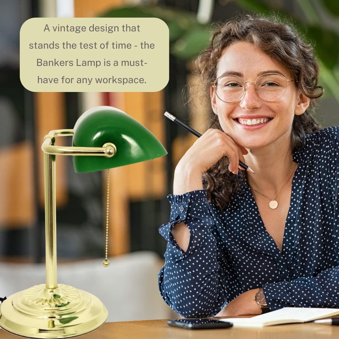 Lámpara de escritorio Green Bankers con pantalla de vidrio de LightAccents, luz de escritorio tradicional con pantalla de vidrio verde clásico y