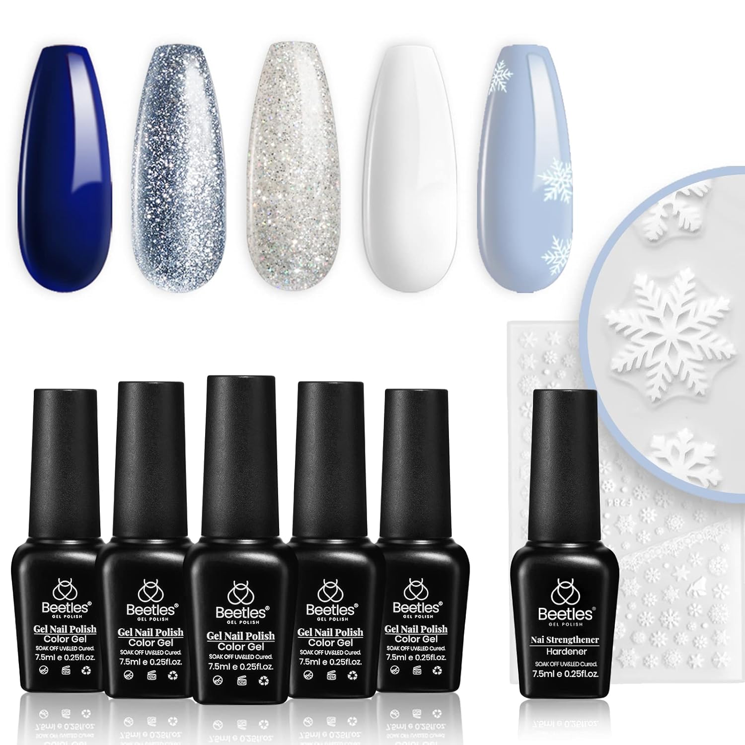 Beetles – Juego de 6 esmaltes de uñas de gel, 5 colores con purpurina, blanco, azul, plateado, con fortalecedor, adhesivo de uñas, usar con lámpara