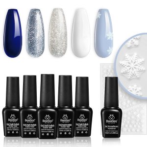 Beetles – Juego de 6 esmaltes de uñas de gel, 5 colores con purpurina, blanco, azul, plateado, con fortalecedor, adhesivo de uñas, usar con lámpara Beetles – Juego de 6 esmaltes de uñas de gel, 5 colores con purpurina, blanco, azul, plateado, con fortalecedor, adhesivo de uñas, usar con lámpara