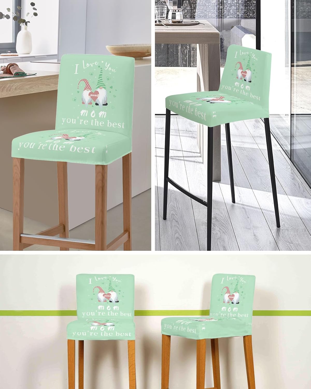 TweetyBed Bar Stool Covers I Love You Mom Stretch Removable Bar Chair Cover Gnome Green Backdrop Counter Slipcovers for Kitchen Pub Dining Room Cafe