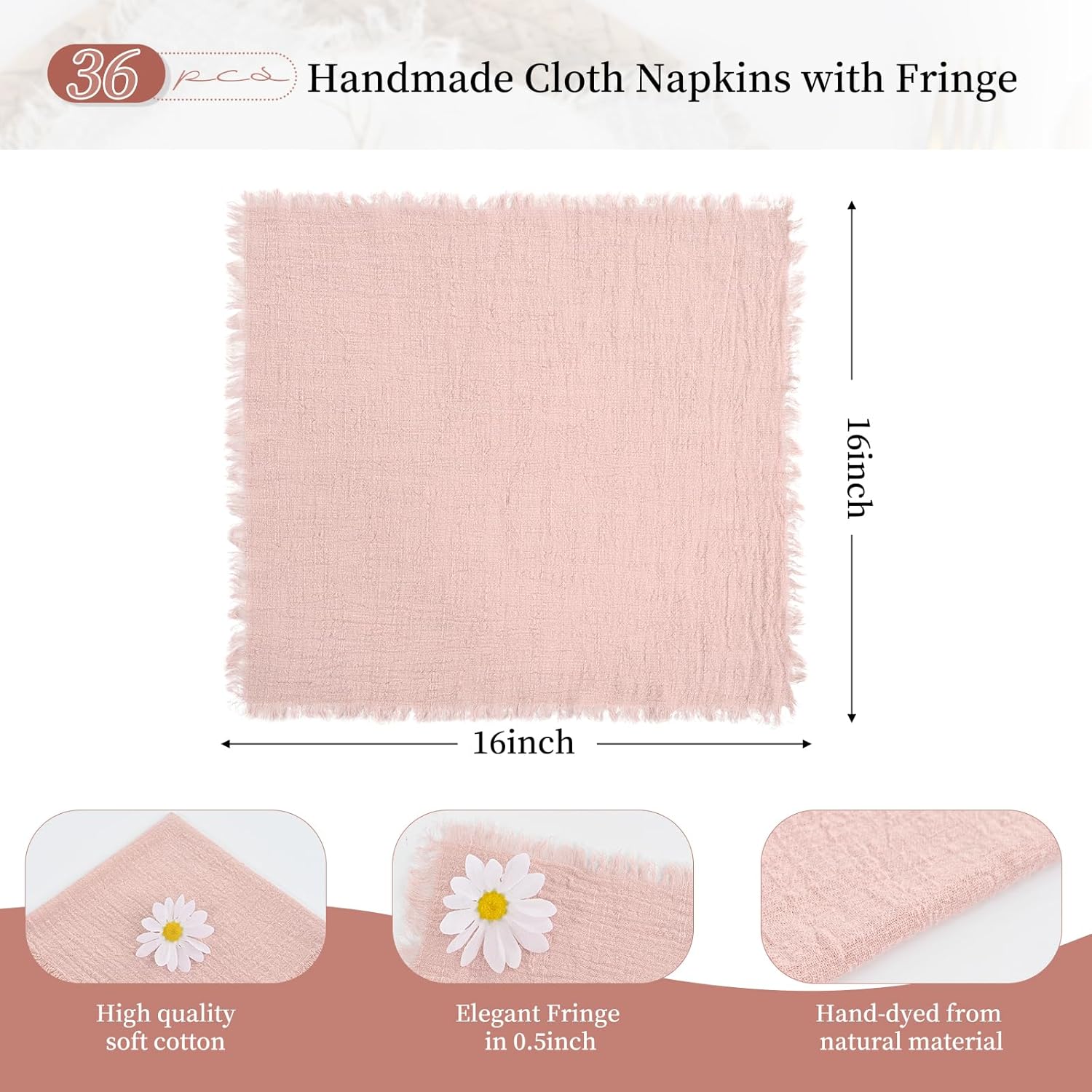 Paquete de 36 servilletas de tela rosa de algodón y lino de 16 x 16 pulgadas, hechas a mano con flecos, servilletas suaves, lavables, rústicas, para