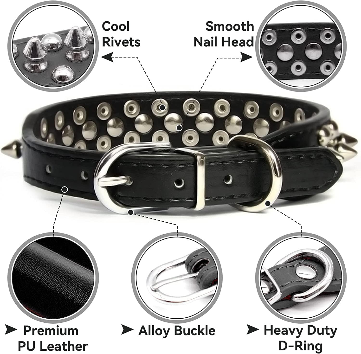Collar para perro con pinchos, remache de hongos con tachuelas, ajustable de piel sintética para mascotas, para gatos, cachorros y perros (S,
