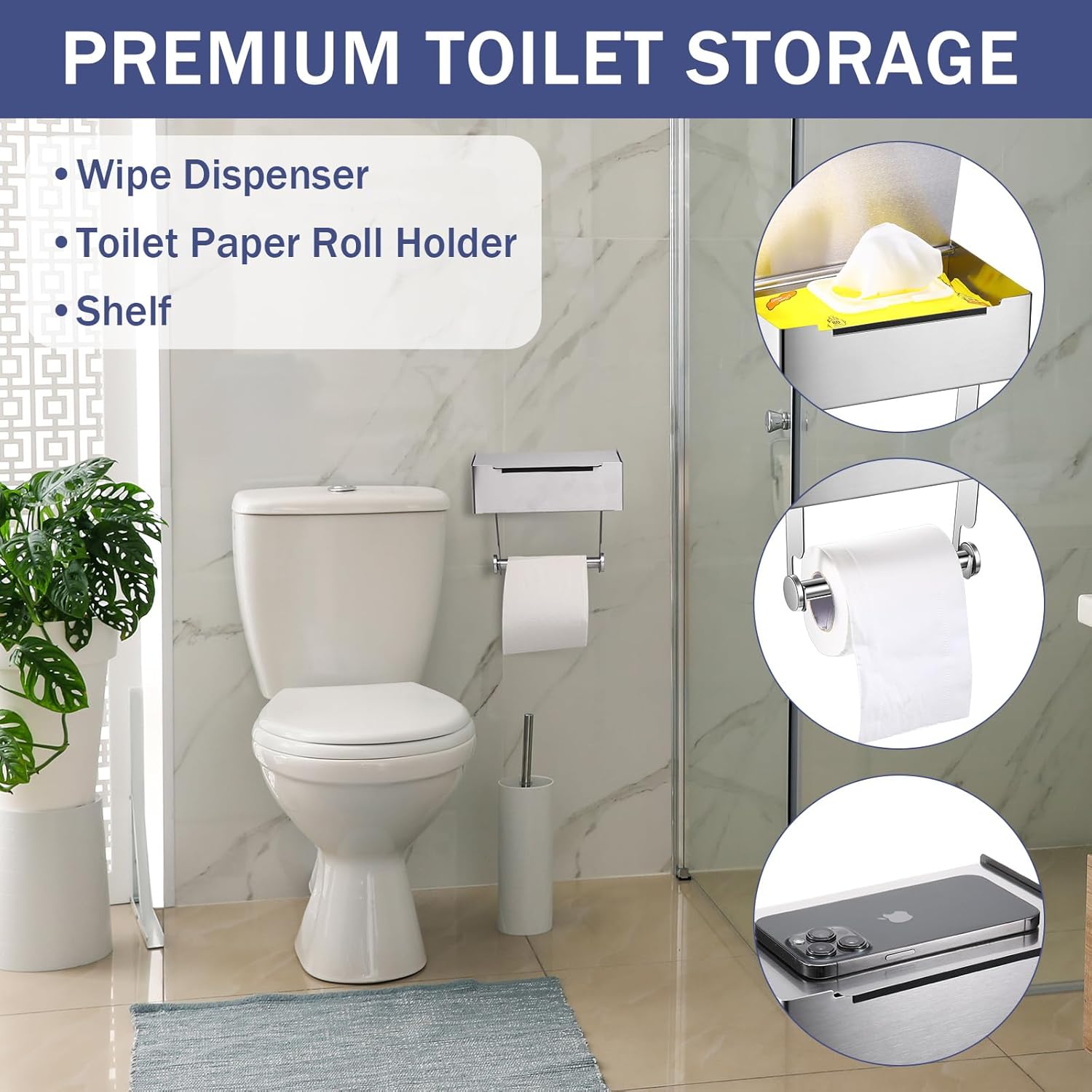 Layhit 3 piezas de soporte de papel higiénico con estante dispensador de toallitas desechables de acero inoxidable para montaje en pared de papel