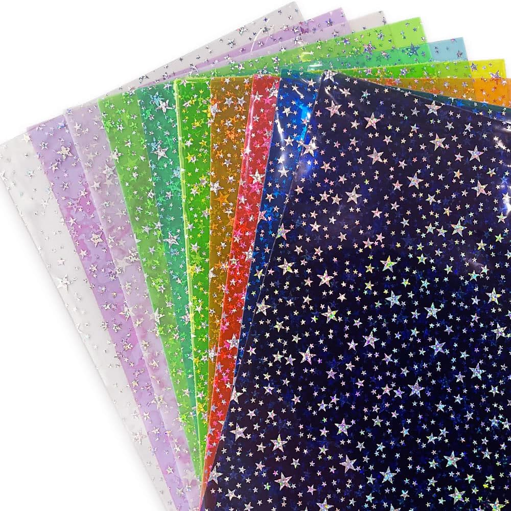 XHT 10 piezas de tela de vinilo de PVC brillante, 8.3 x 11.8 pulgadas, transparente, estampado láser estrella, impermeable, para lazos para el
