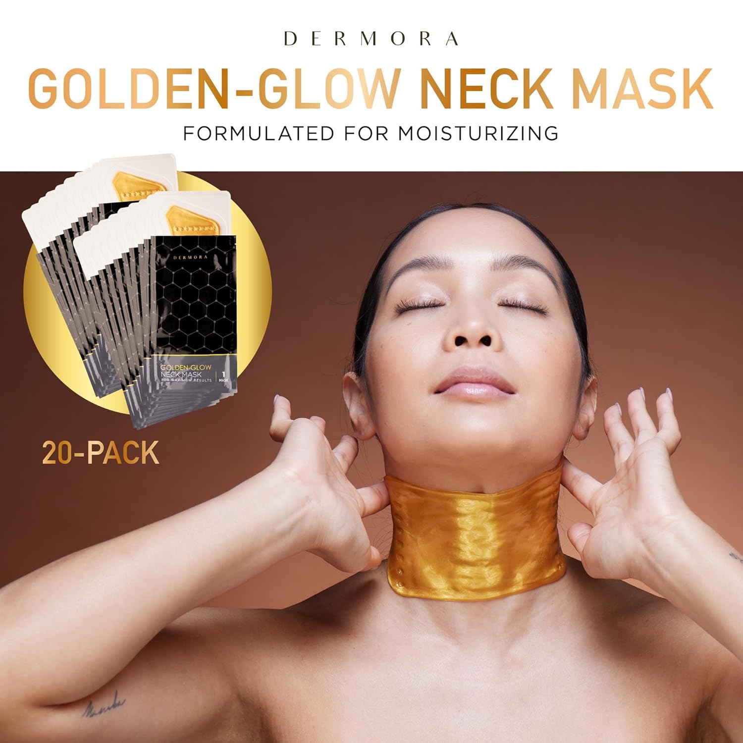 DERMORA Máscara de tratamiento para la piel, máscara de cuello con brillo dorado, paquete de 20 máscaras de gel para el cuello, máscaras
