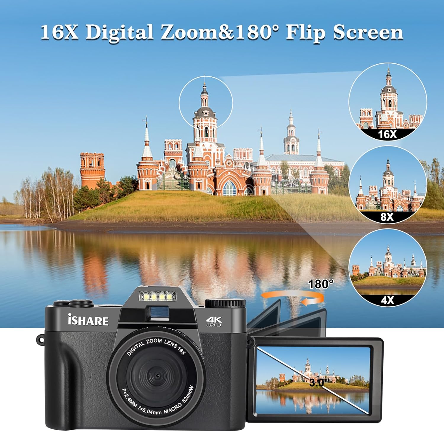 ISHARE Cámara digital para fotografía, cámara de vlogging 4K 48MP para YouTube con WiFi, pantalla abatible de 180 grados de 3 pulgadas, zoom digital