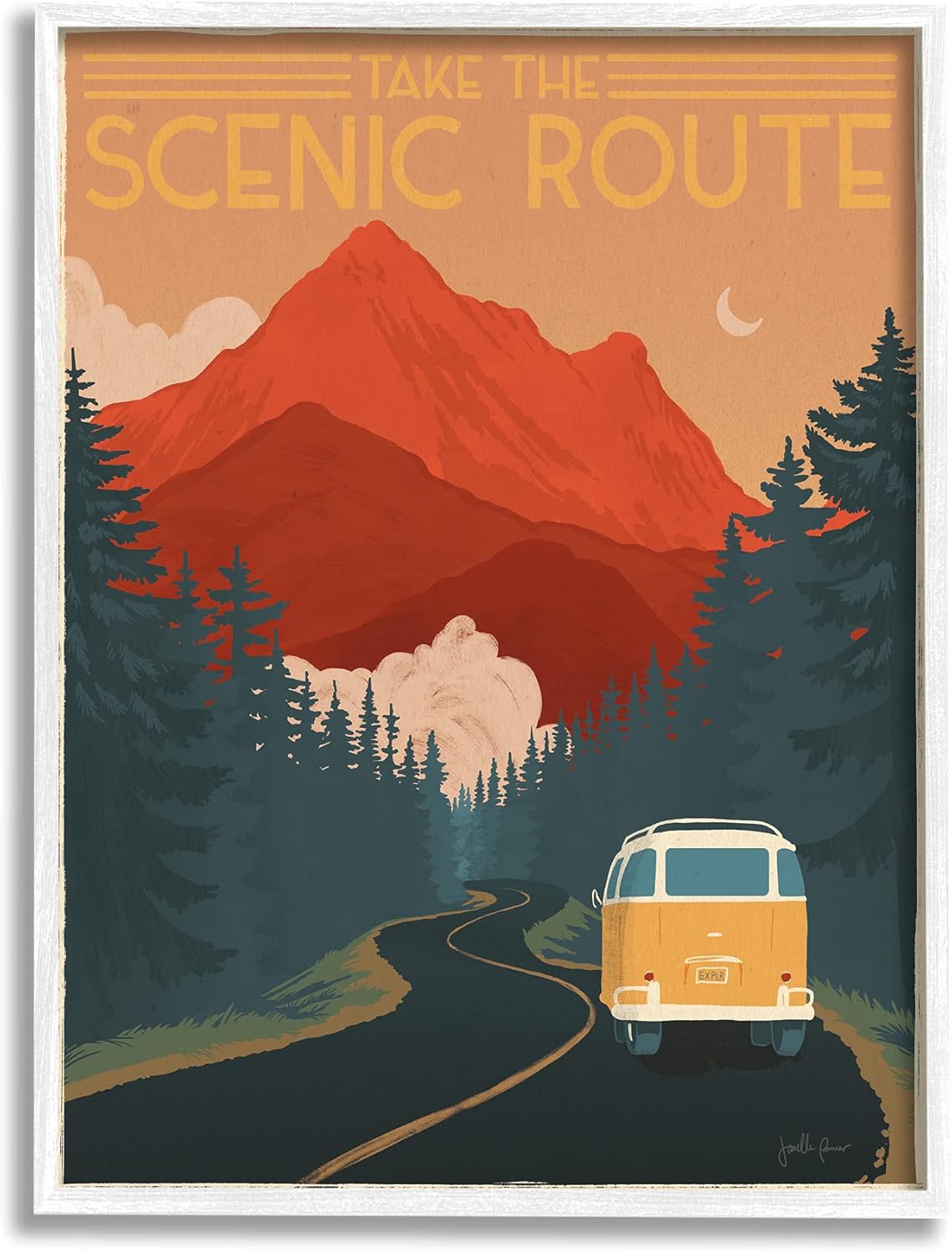 Stupell Industries Take The Scenic Route Phrase Retro Mountain Travel, diseñado por Janelle Penner – Arte de pared enmarcado en blanco, 24 x 30