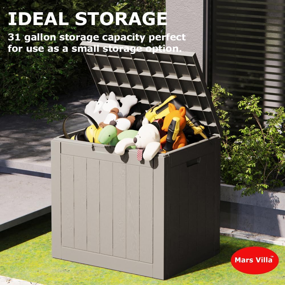 Caja de cubierta, caja de almacenamiento de resina de 31 galones para interiores y exteriores, impermeable, para cojines de muebles de patio,
