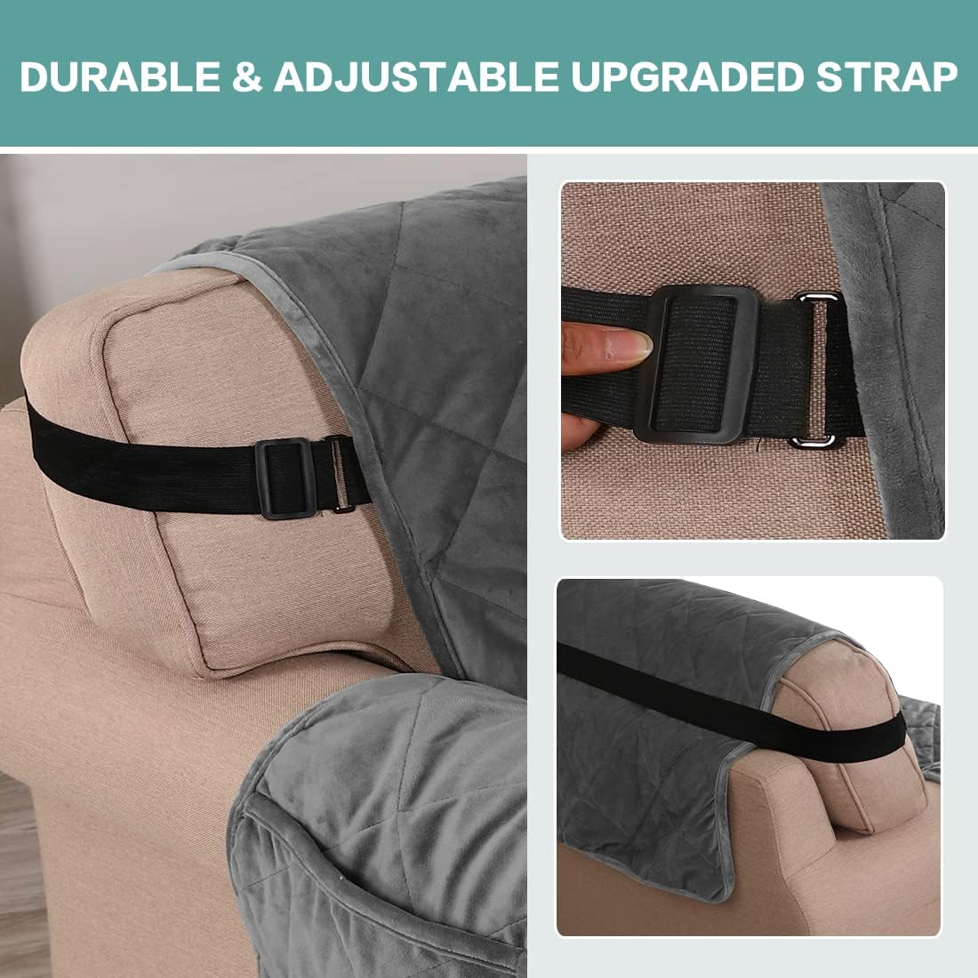 Turquoize – Funda de sofá reclinable de terciopelo, para sofá acolchado y reclinable con 3 cojines, resistente al deslizamiento, con correas, ancho