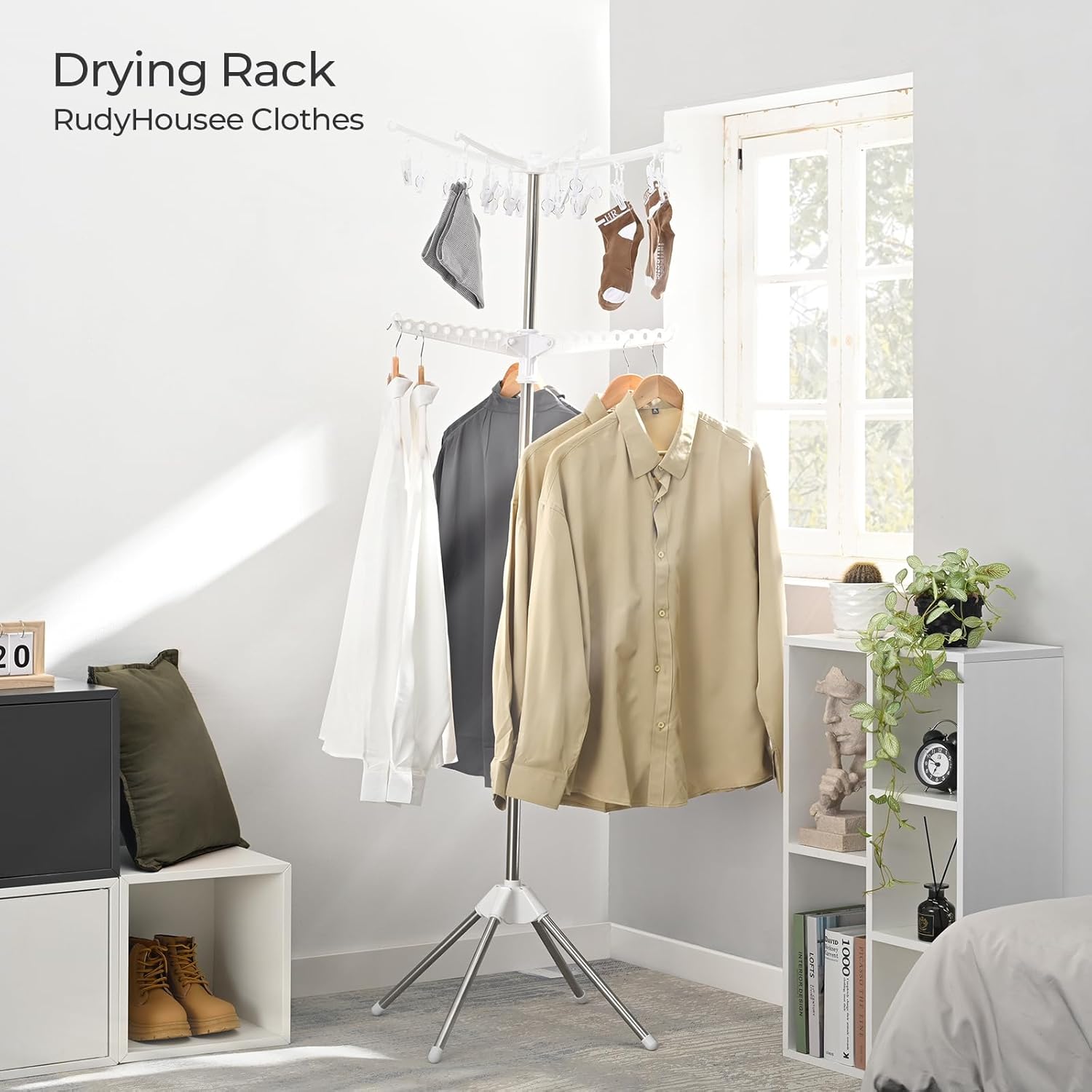 RudyHousee Estante de secado de ropa, trípode de 72 pulgadas, 2 niveles, soporte de vapor plegable, perchero para colgar ropa, almacenamiento de
