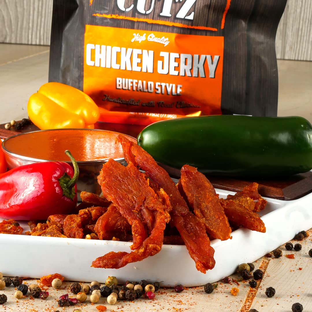 Buffalo Chicken Jerky  Carne seca de pollo tierna, sabrosa y fácil de masticar para personas con 0.77 onzas de proteína por bolsa, aperitivos altos