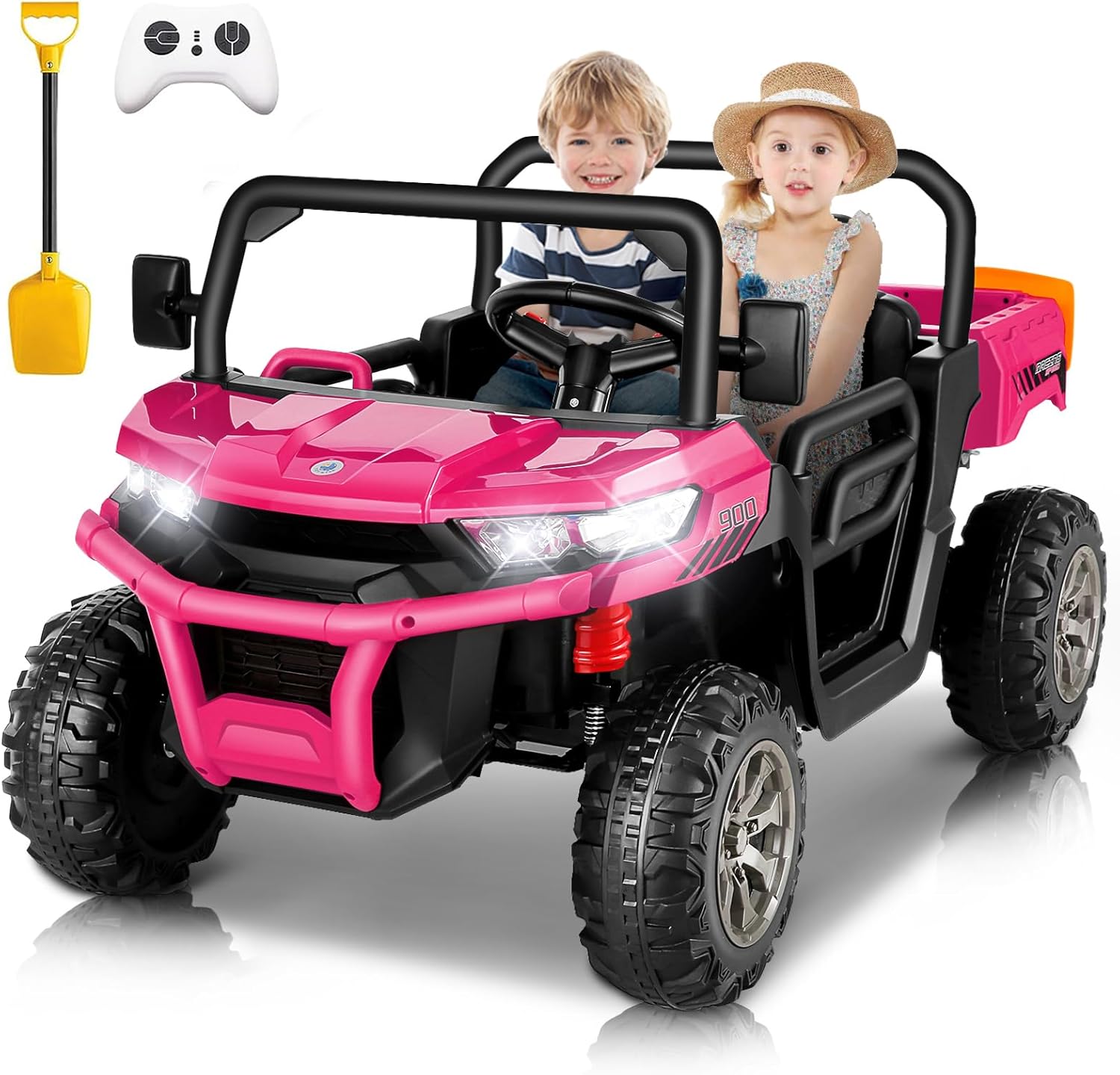 Hikole Camión volquete de 24 V, UTV infantil de 2 plazas con cama eléctrica de volquete, control remoto, reproductor de música, potente motor de 2 x