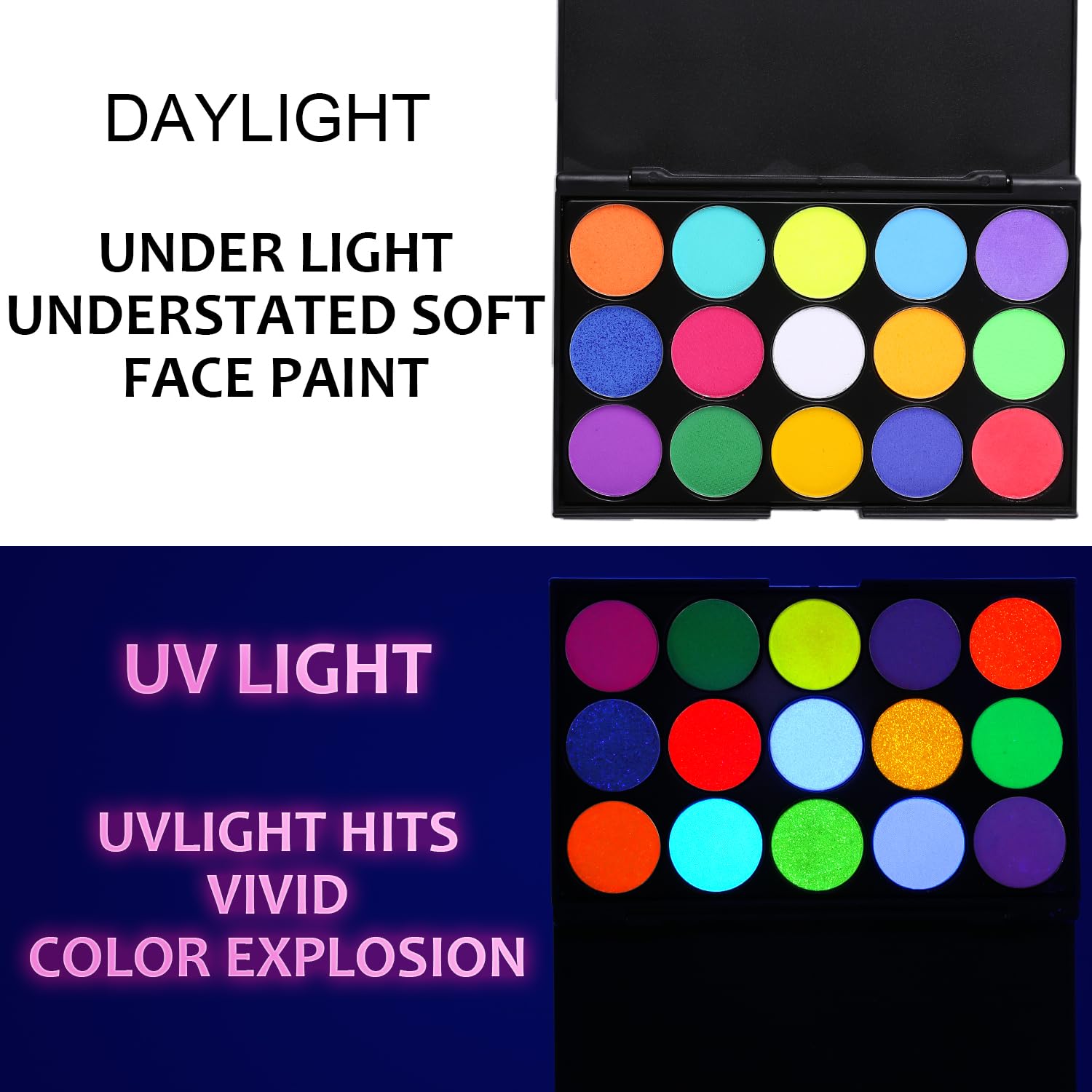 Pintura facial UV brillante, paleta de sombra de ojos de neón de 15 colores, pintura facial a base de agua con luz negra UV para niños, paleta de