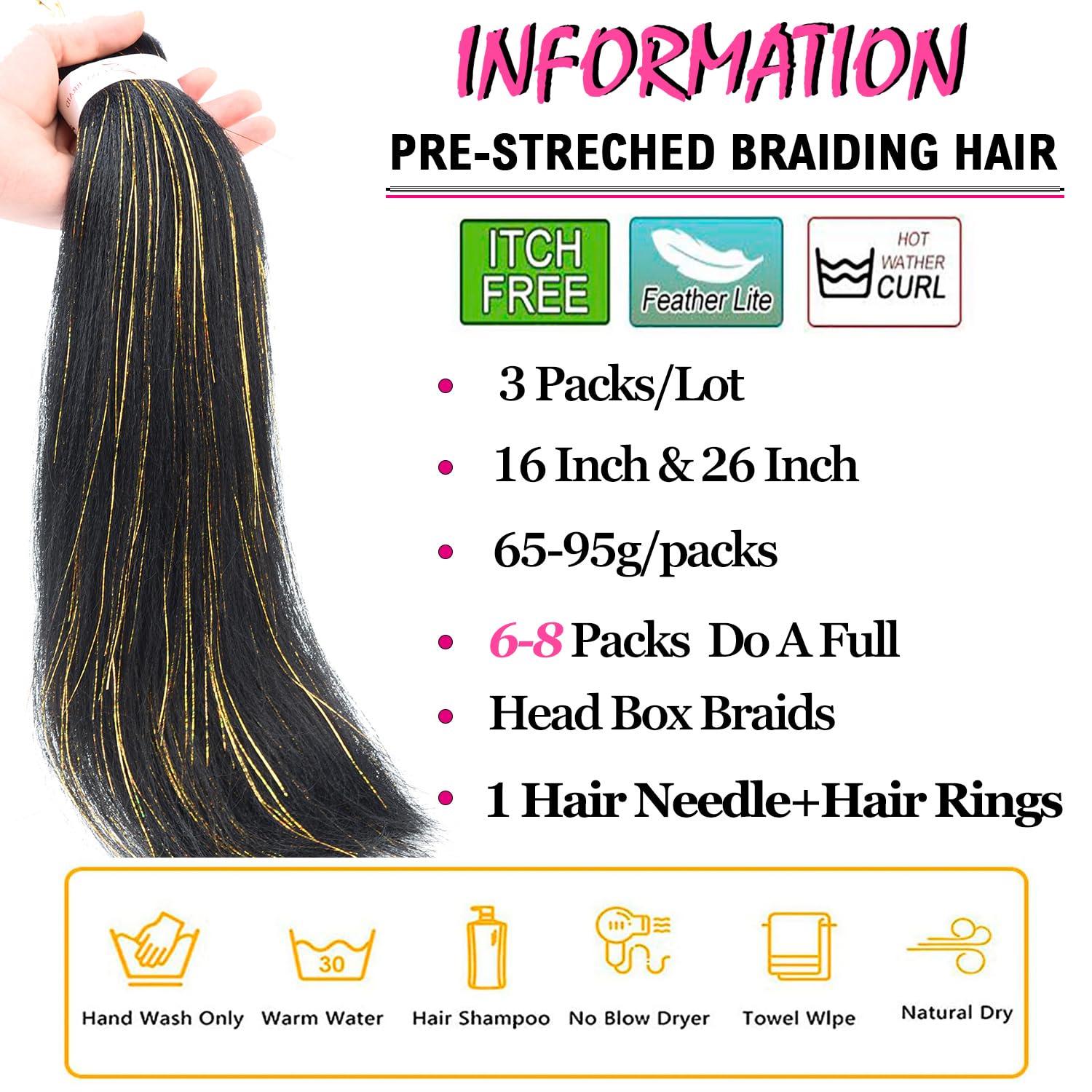 Extensiones de cabello trenzado preestirado de 26 pulgadas dentro de extensiones de cabello de oropel brillante, 3 paquetes de textura suave Yaki
