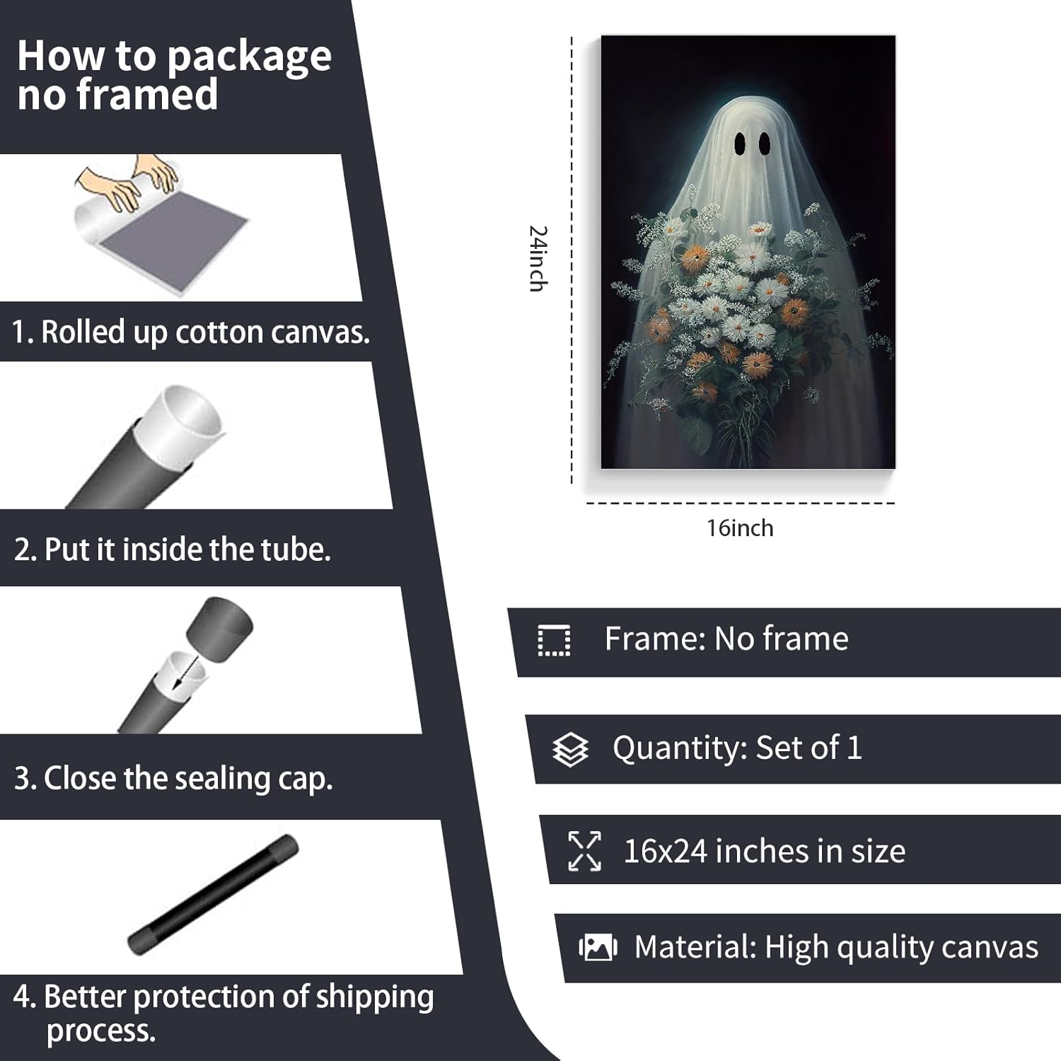Wodkodnxy Lienzo decorativo para pared de fantasmas de Halloween, divertido póster de fantasmas lindos sosteniendo flores, Academia oscura