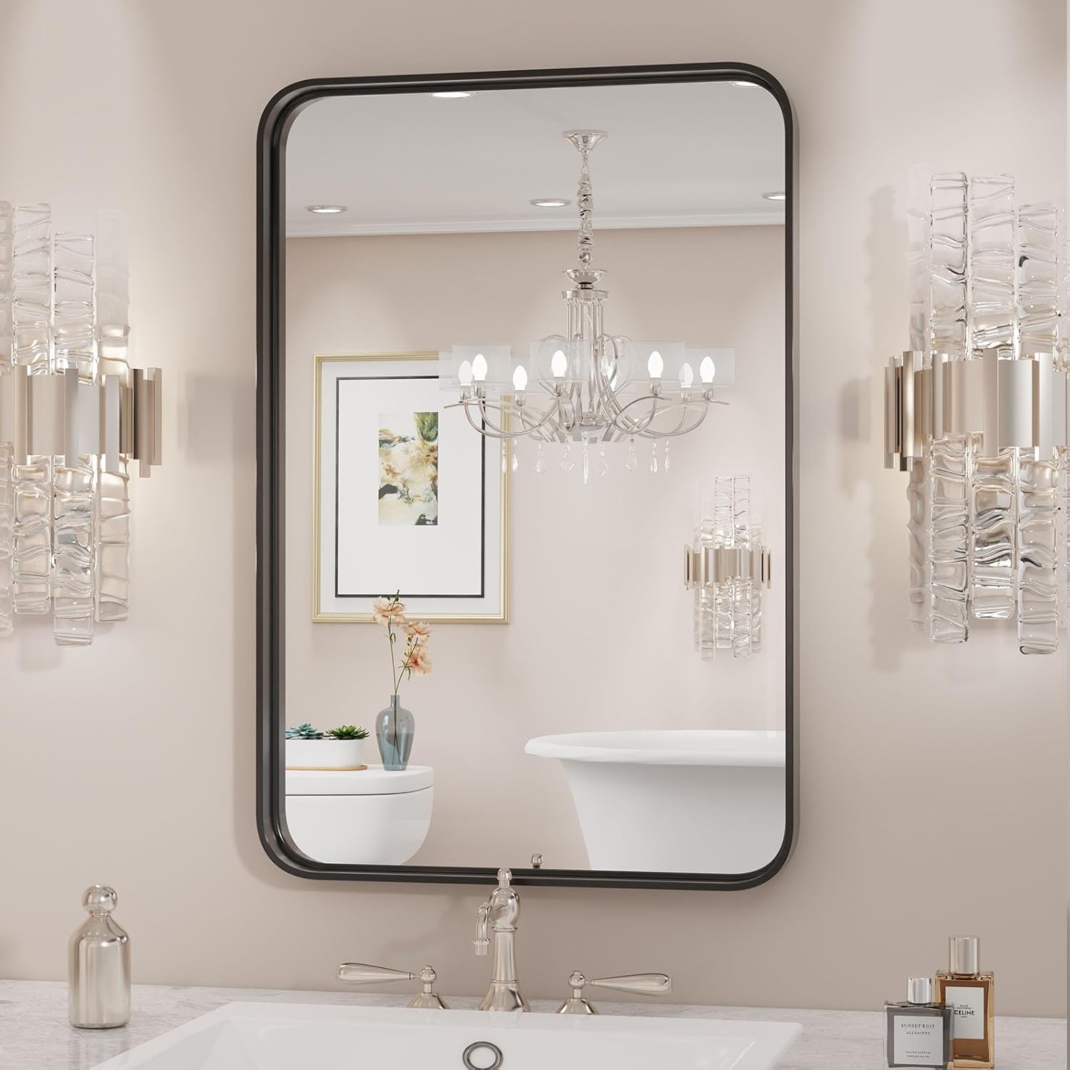 Sweetcrispy Espejo de tocador de baño negro para pared, 22 x 30 pulgadas, marco de metal, rectangular, antioxidante, vidrio templado, se cuelga