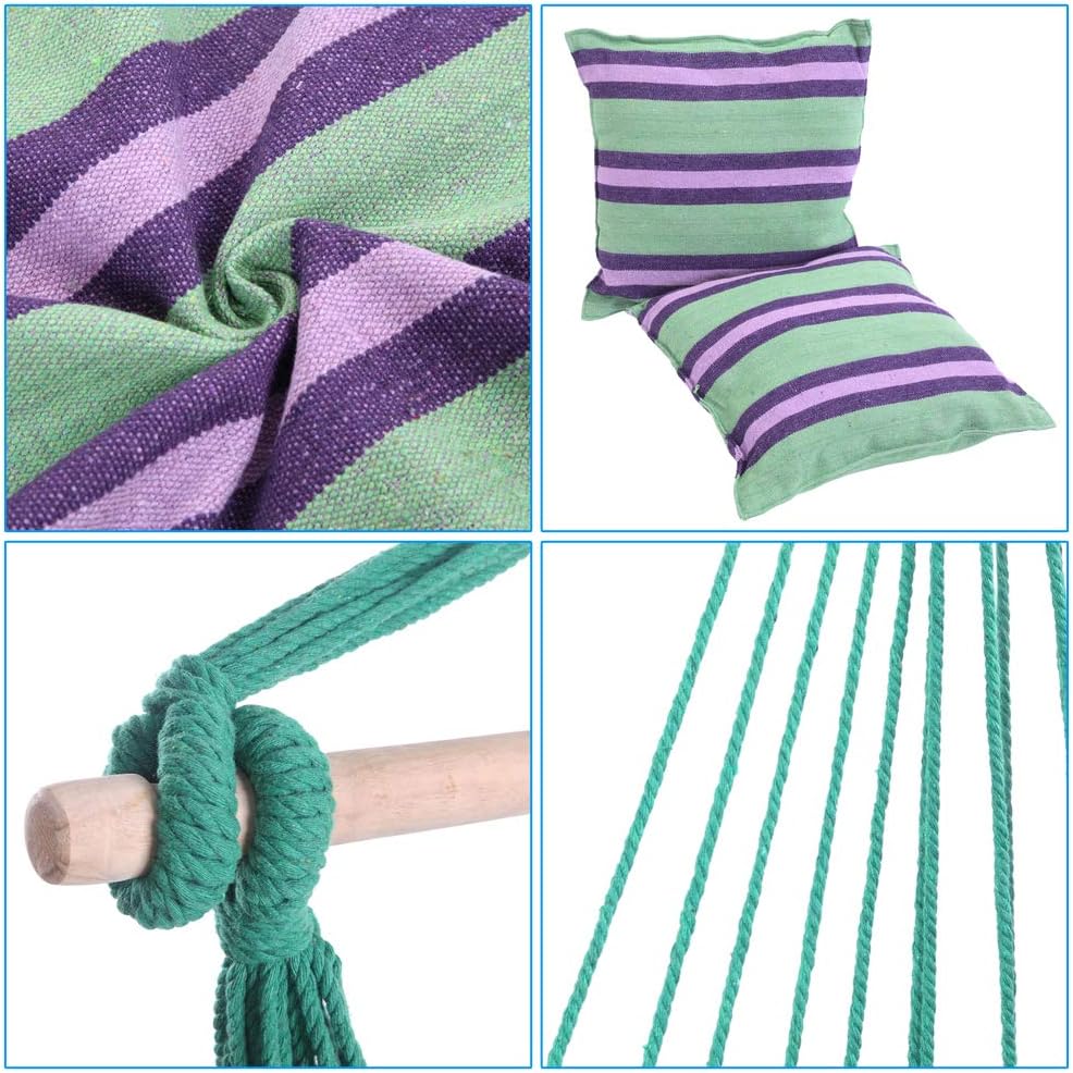 Hamaca colgante de cuerda para patio, dormitorio, patio, porche, cualquier espacio interior o exterior, rayas de lona, dos almohadas incluidas