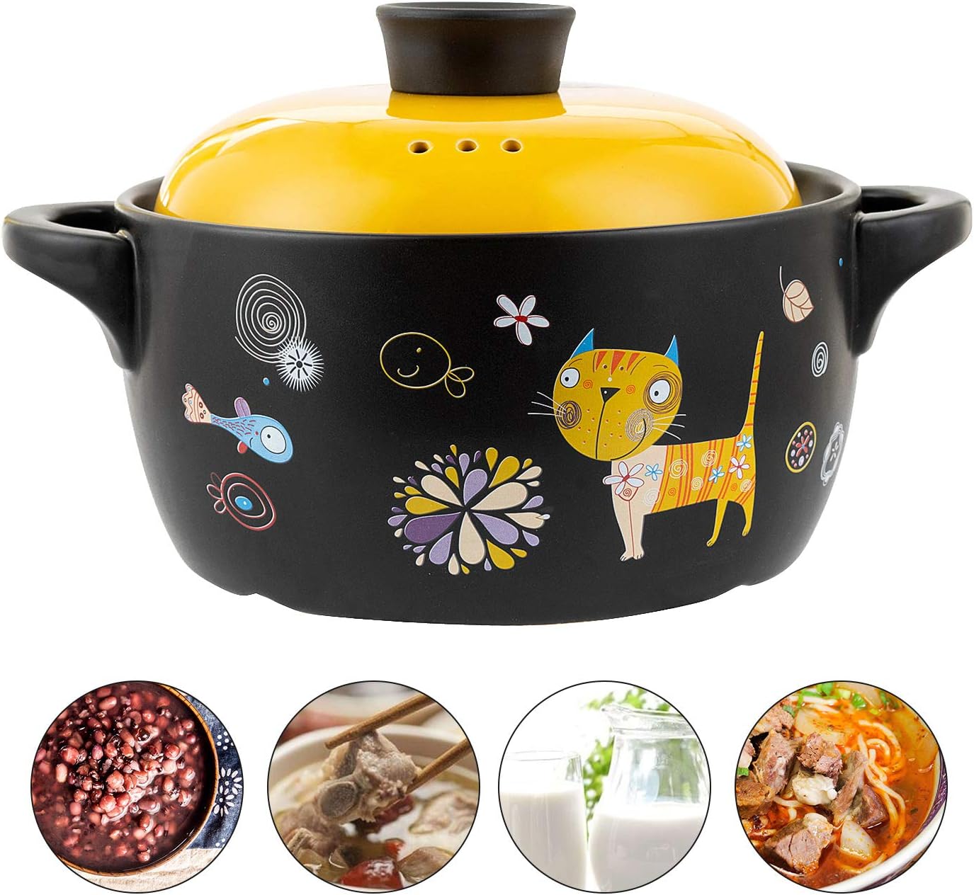 Olla de cerámica de arcilla para cocinar utensilios de cocina, estufa de cocina, patrón de dibujos animados, olla caliente de arcilla, olla de sopa,