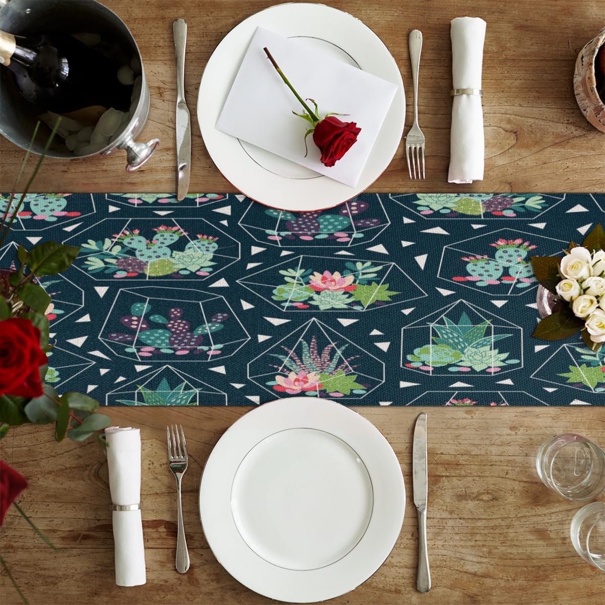 Camino de mesa, suculentas, cactus, terrarios de vidrio, mantel de lino rústico otoñal, mantel de cocina y comedor, decoración para fiesta en el
