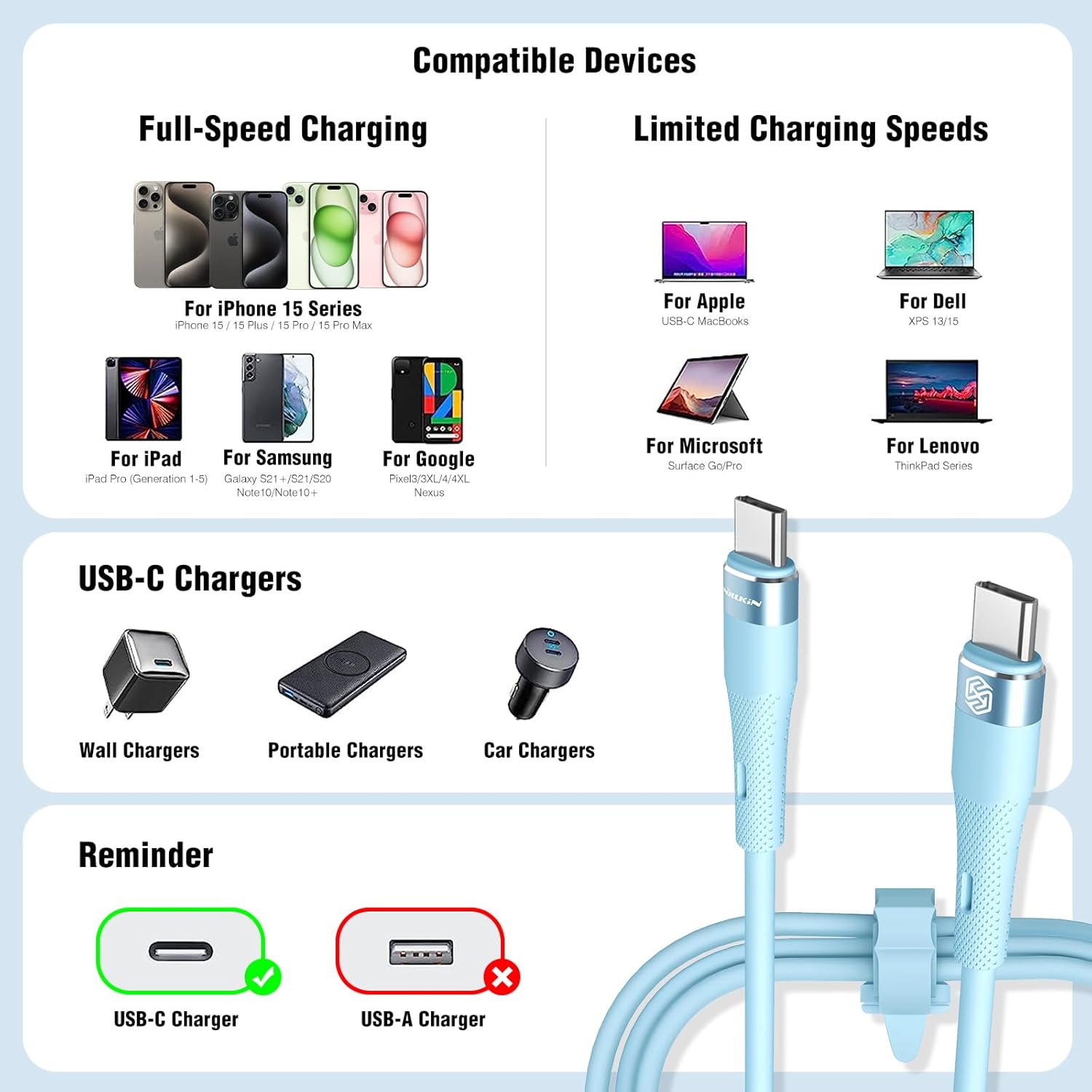 Nillkin Cable USB C a USB C, silicona líquida, 4 pies, cable de carga rápida tipo C de 60 W para iPhone 1515 Pro15 Plus15 Pro Max, Samsung Galaxy