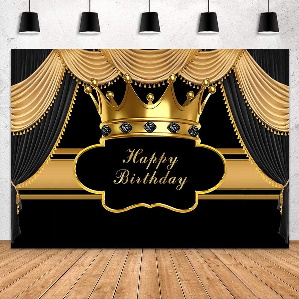 MEHOFOND Cortina negra y dorada para decoración de fiesta de cumpleaños, para hombre, niño, príncipe, corona dorada, pancarta de diamantes