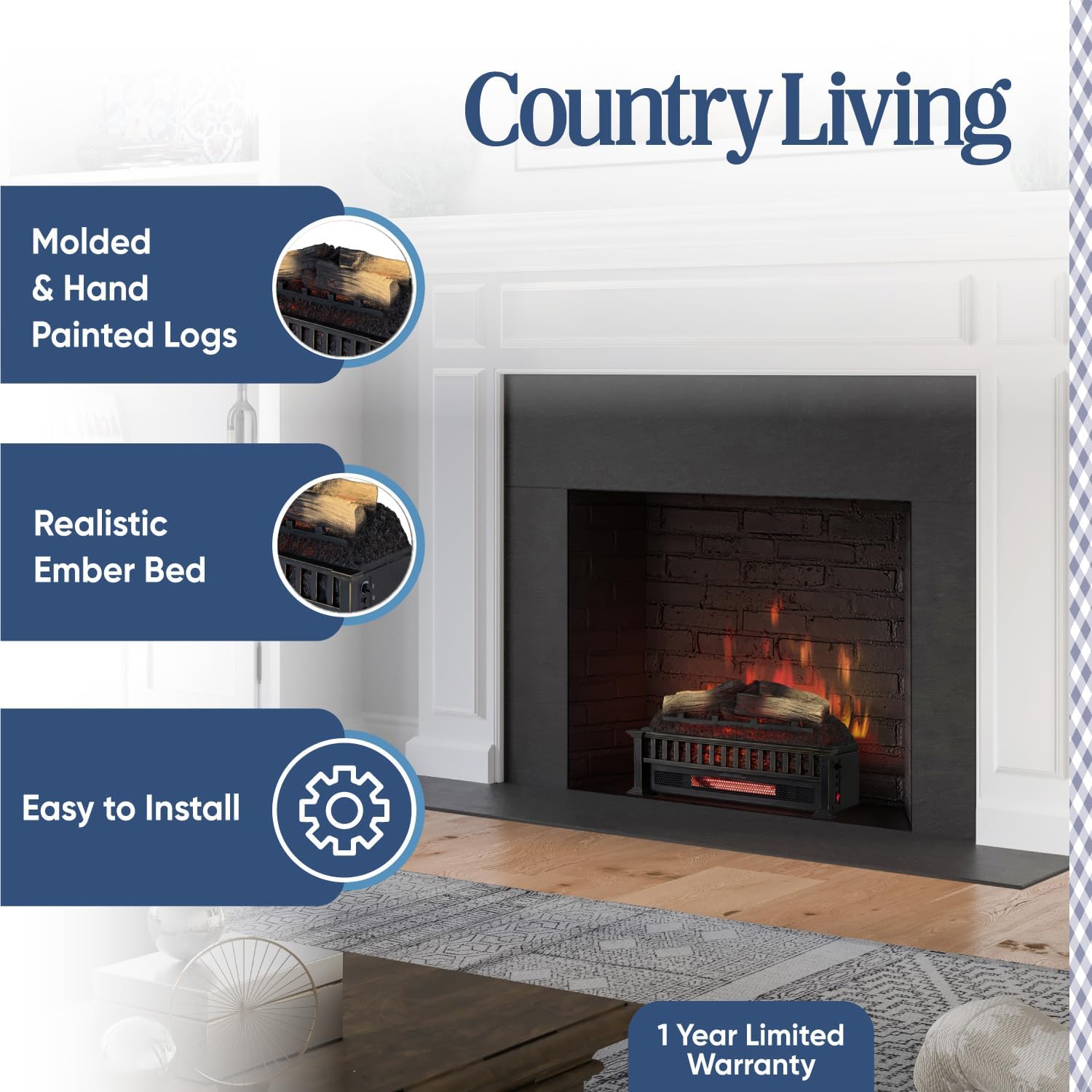 Country Living Juego de troncos eléctricos de 23 pulgadas  Calentador de 1000 pies cuadrados  Inserto de troncos falsos con llamas infrarrojas para