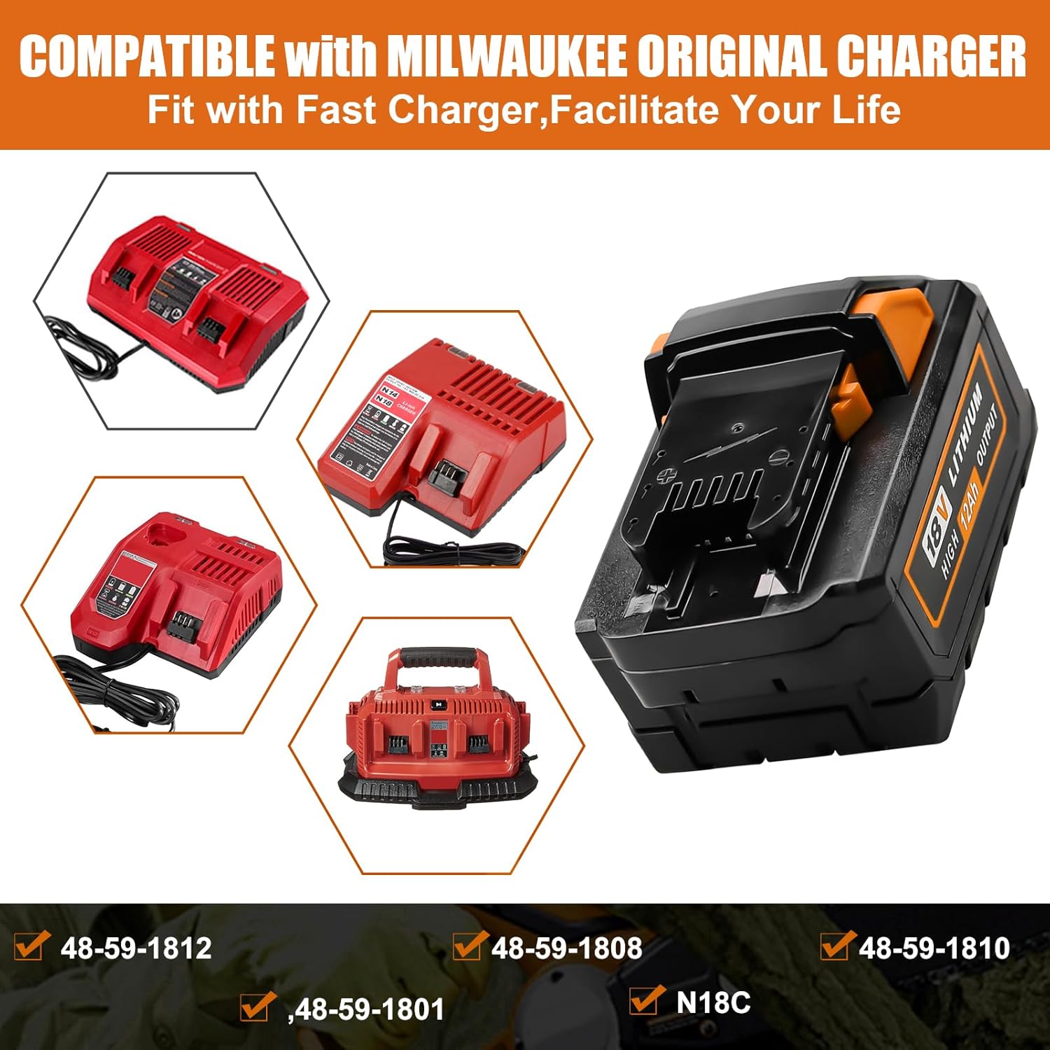 1 paquete de batería de repuesto de 18 V 12.0 Ah y cargador para batería Milwaukee de 18 V compatible con Milwaukee Tools 48-11-1811 48-11-1815