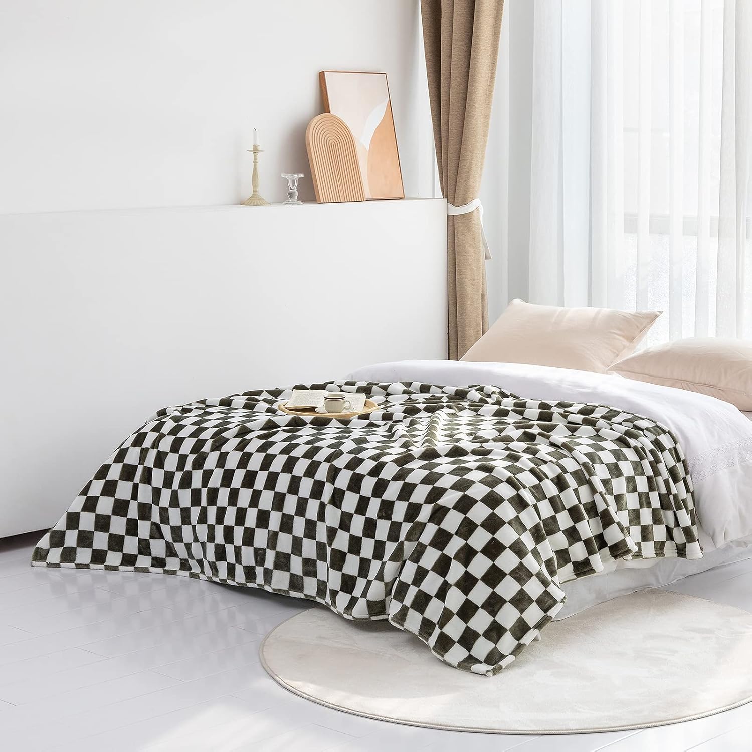 LOMAO – Manta de franela con patrón de cuadrícula de ajedrez, suave, lujosa, cálida y acogedora para sofá y cama, para todas las estaciones (oliva
