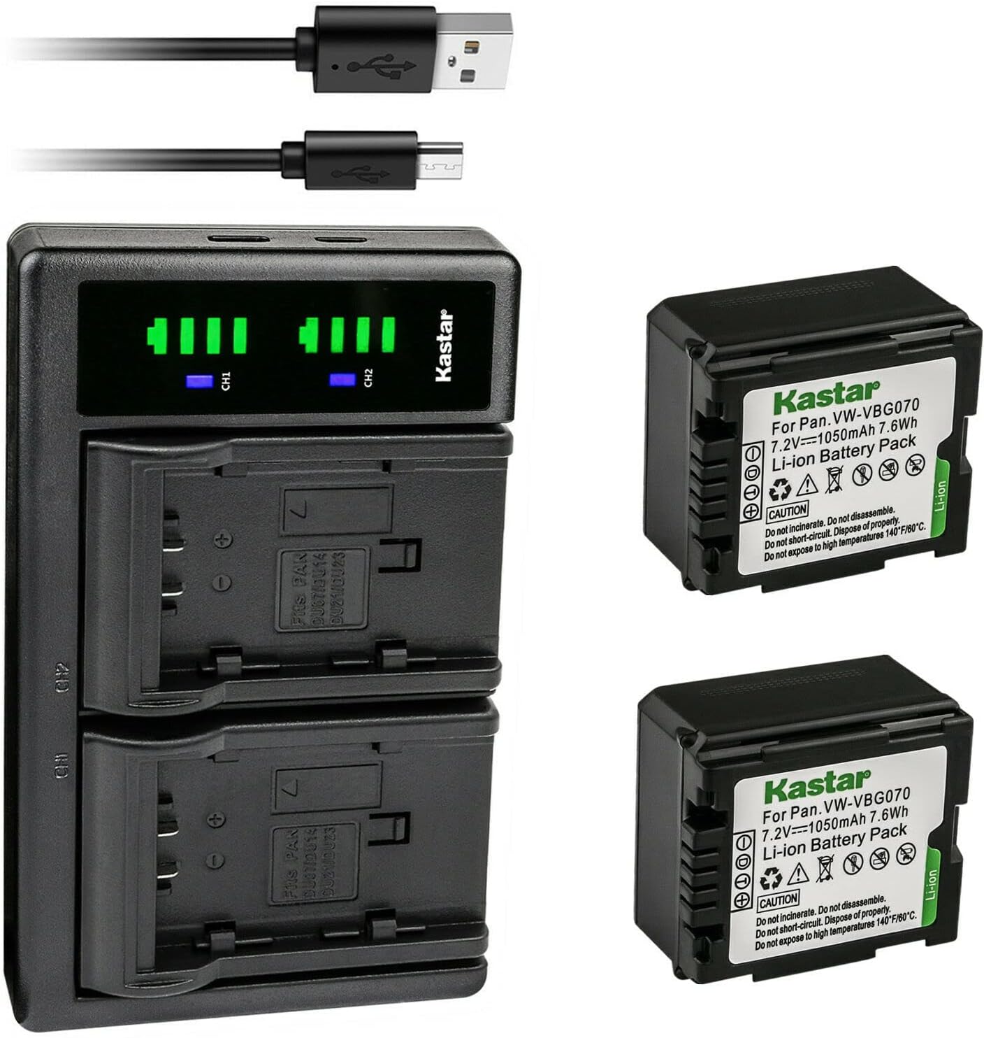 Kastar Paquete de 2 baterías VW-VBG070 y cargador USB LTD2 de repuesto para Panasonic HDC-HS20, HDC-HS20K, HDC-HS100, HDC-HS100GK, HDC-HS200,