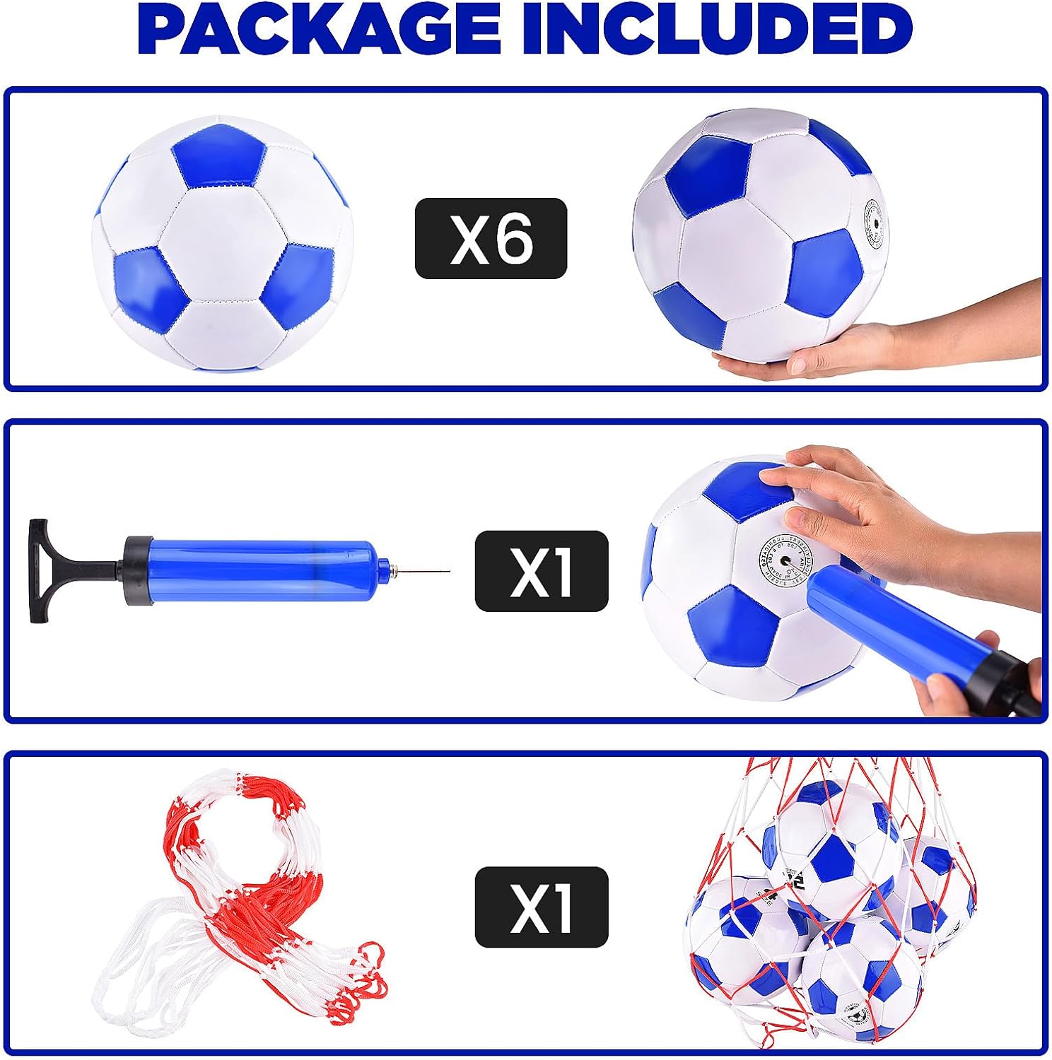 ELKCIP Paquete de 6 pelotas de fútbol clásicas desinfladas tamaño 345 con bomba y bolsa de malla para interiores y exteriores, césped,