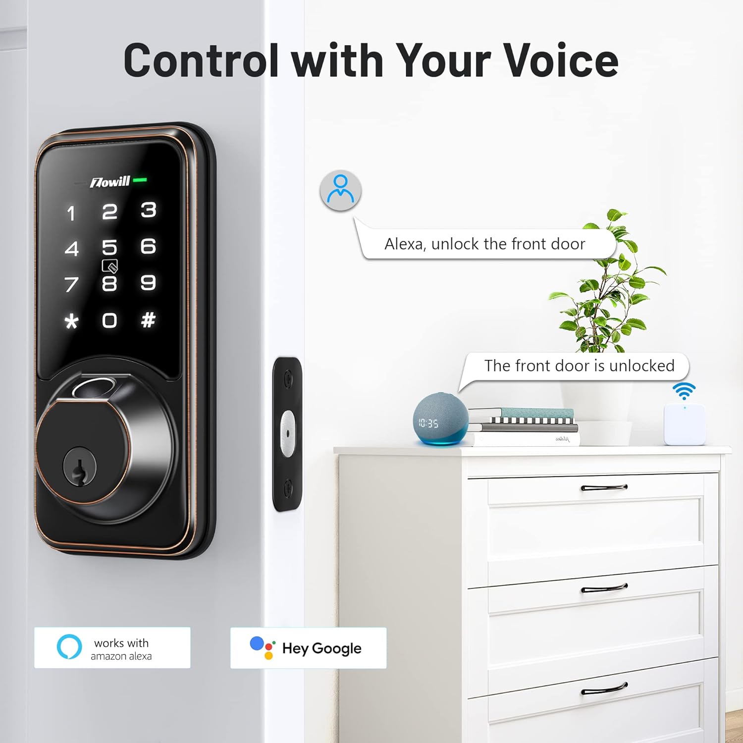 Zowill DK07G – Cerradura inteligente WiFi, cerradura de puerta de huellas dactilares con aplicación y control de voz, cerradura de puerta