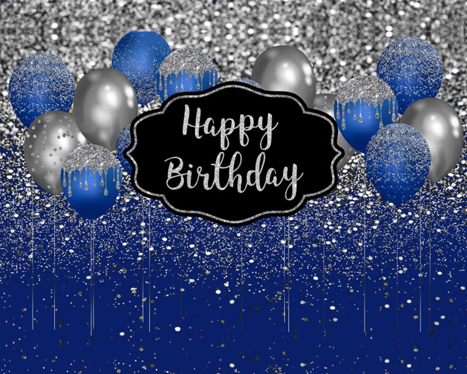 Telón de fondo de feliz cumpleaños azul marino y plateado, globos azules y plateados con purpurina, diamantes, puntos, fiesta de cumpleaños, fondo