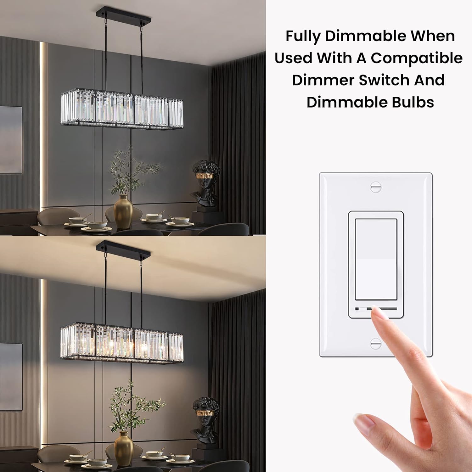 Siljoy Candelabro rectangular moderno de cristal, 5 luces, color negro, rectangular, con forma de gota de lluvia, lámpara de techo colgante lineal