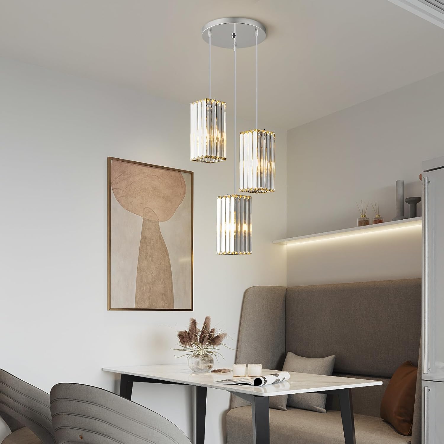 Lámpara colgante moderna cromada rectangular de iluminación colgante mini candelabros de cristal, lámpara colgante ajustable para cocina, isla,