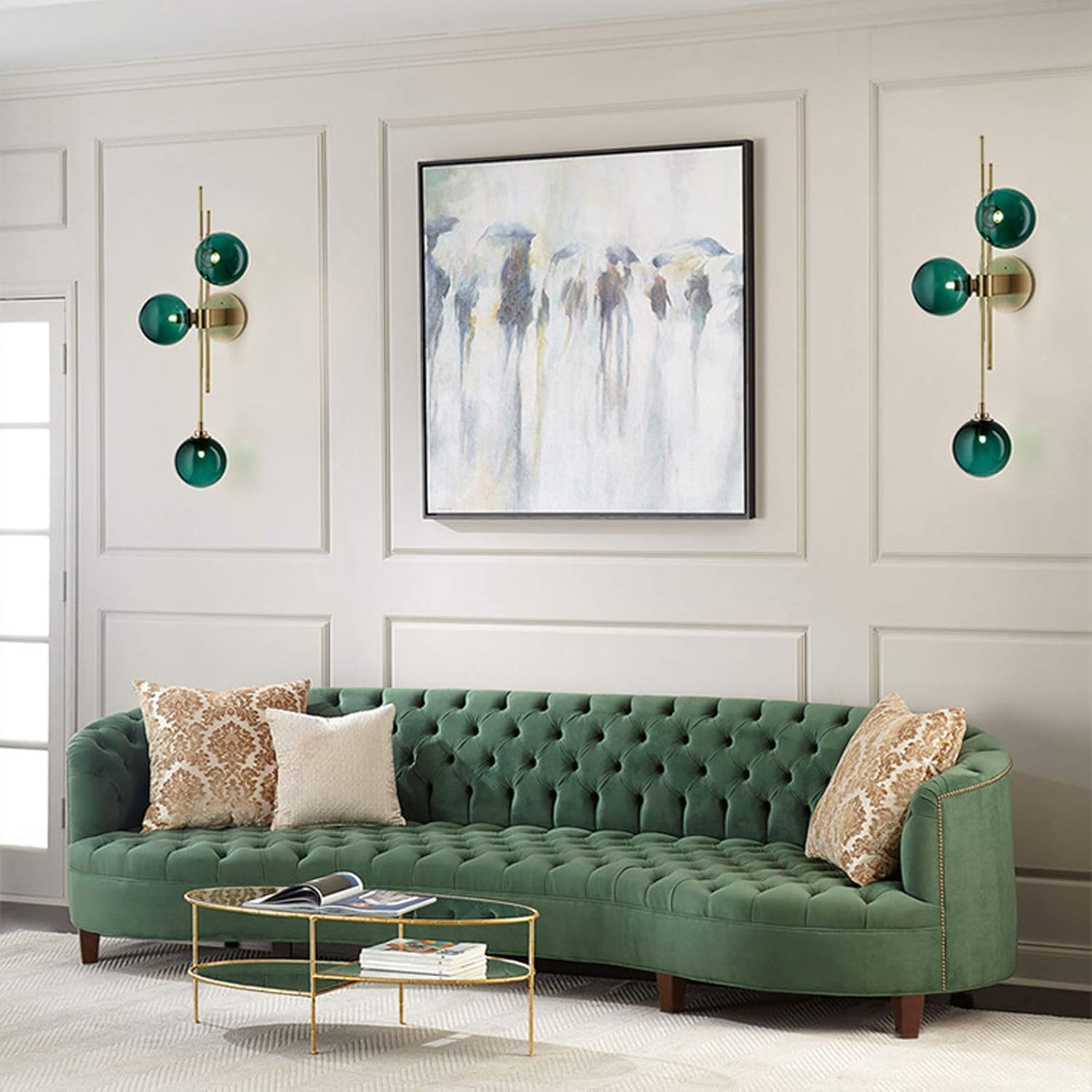 Aplique de pared moderno de mediados de siglo, 3 luces de globo de vidrio, elegante lámpara de pared decorativa de vidrio verde transparente para