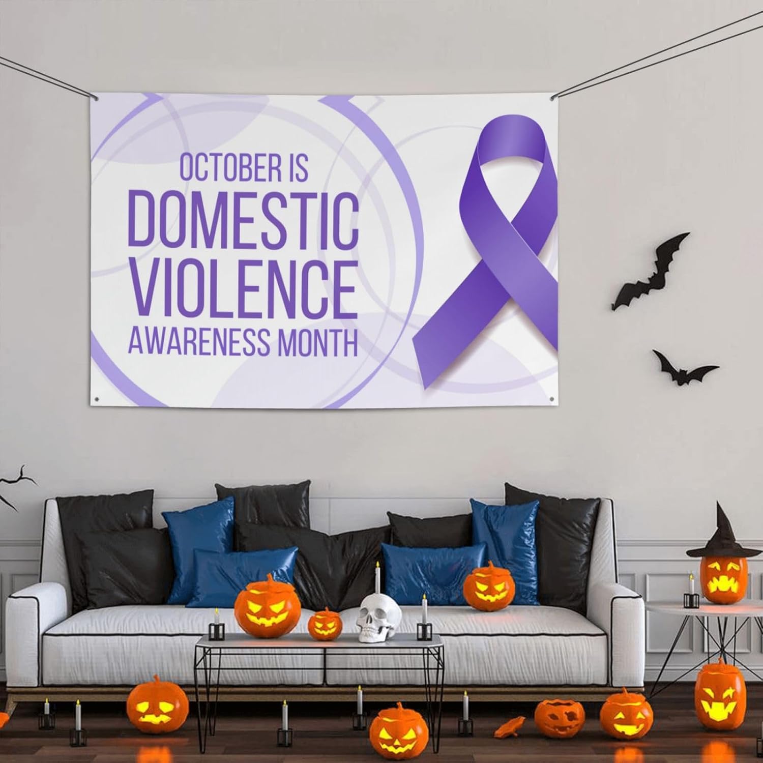 Mes de concientización sobre la violencia doméstica, pancarta de fondo de cinta morada, decoración de vacaciones, fondo de cabina de fotos,