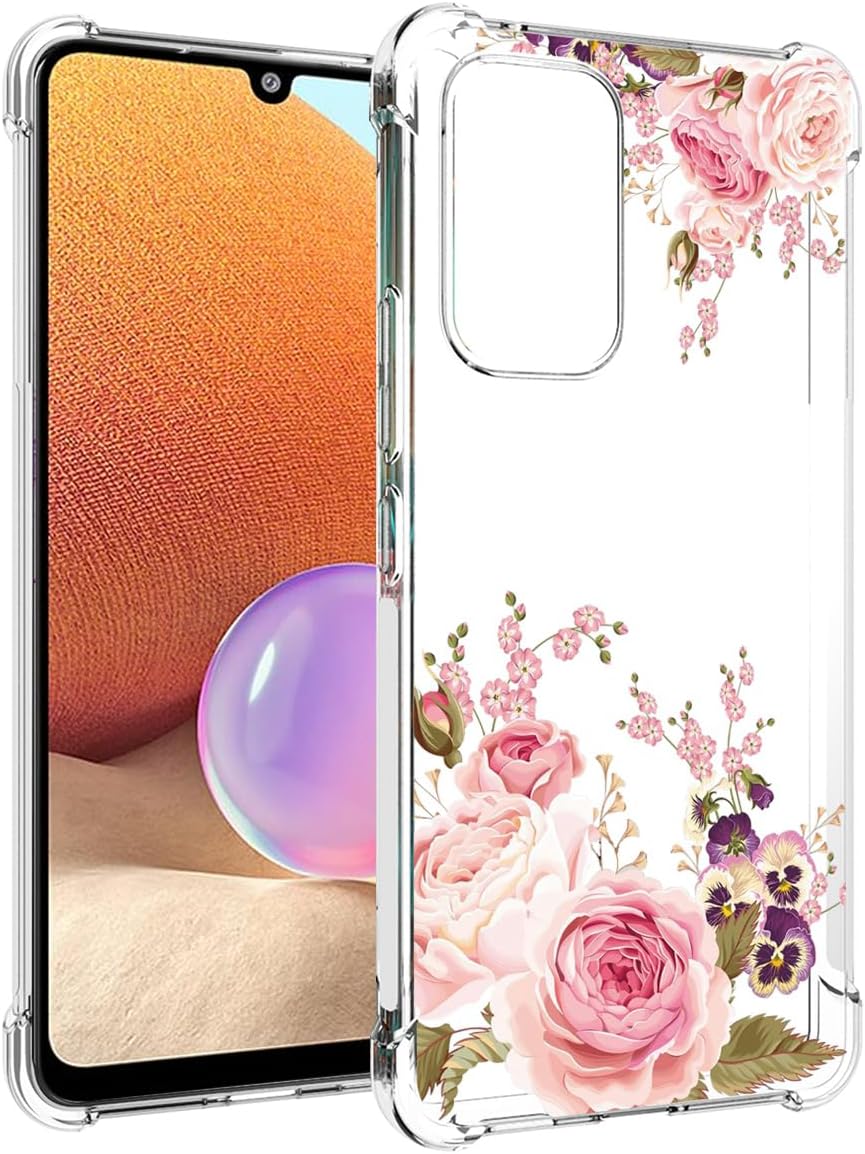 Ueokeird Funda de teléfono para Galaxy A32 4G, Samsung A32 4G SM-A325F, funda delgada a prueba de golpes con patrón floral transparente suave y