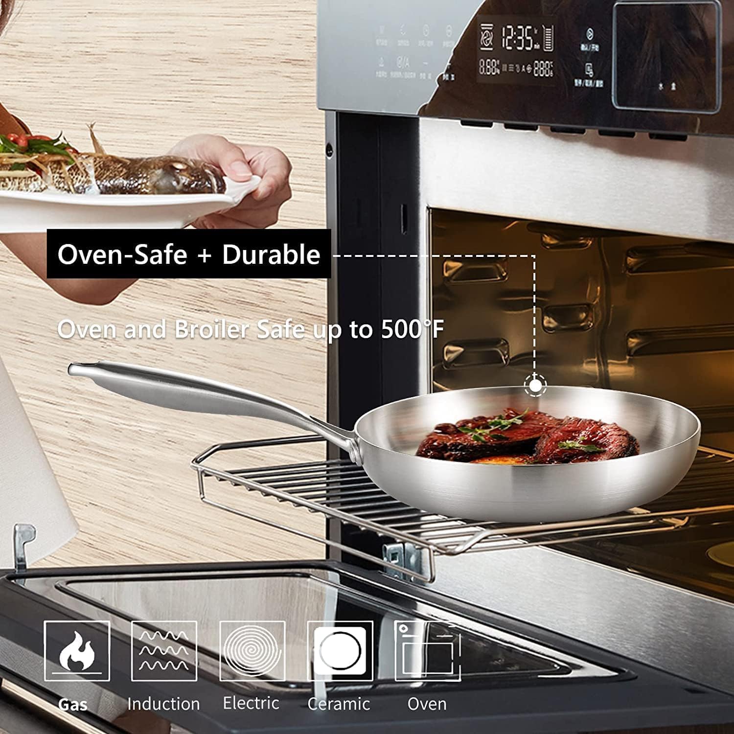 Sartén de chef de acero inoxidable de tres capas de 10 a 12 pulgadas, juego de sartenes con tapas, sartenes, utensilios de cocina de inducción,