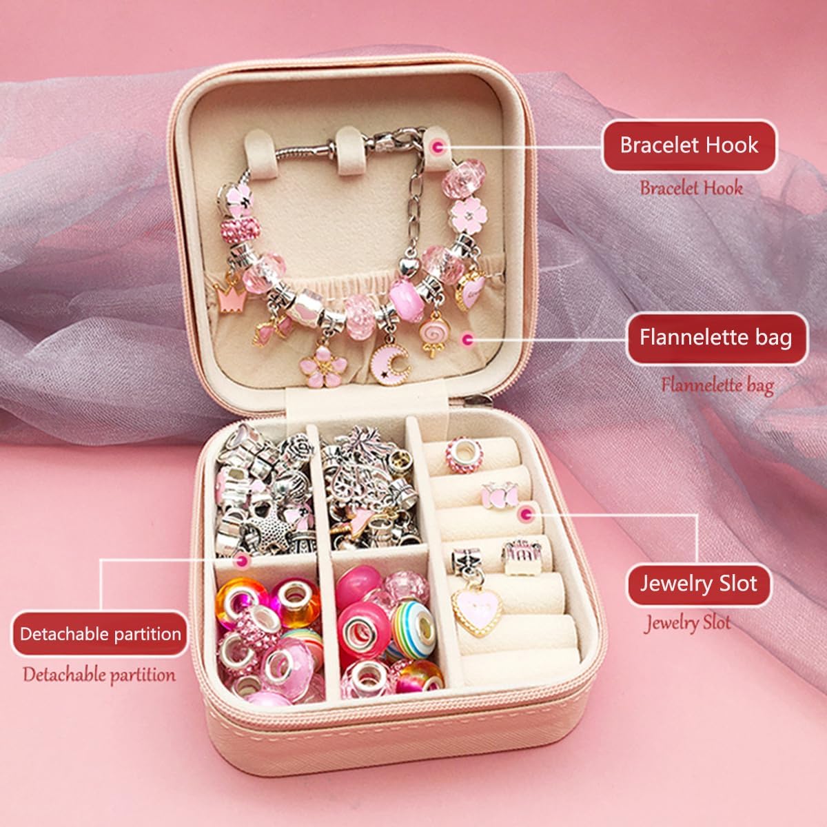 BetterJonny Juego de 66 pulseras de dijes, kit de fabricación de joyas de cristal, abalorios con cuentas para niñas, con caja de joyería y bolsa de