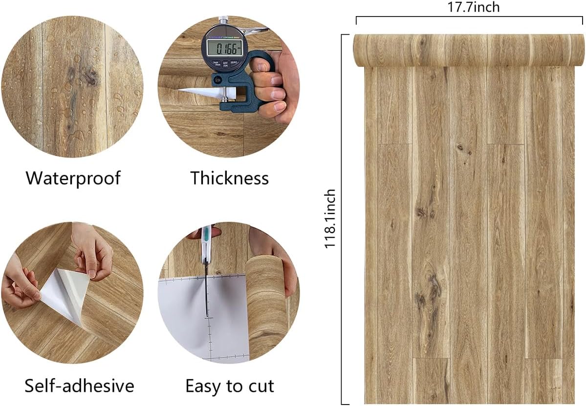 Jeweluck Papel tapiz de madera para despegar y pegar, papel de contacto de madera de 17.7 x 118.1 pulgadas, papel tapiz de madera rústica,