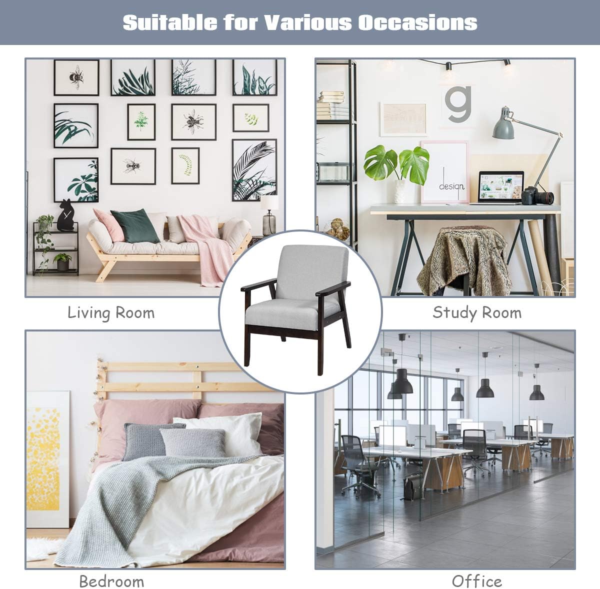 Giantex Silla decorativa moderna Mid-Century, sillón de tela retro, hecho de madera maciza, sillón tapizado de lino para sala de estar (1, gris