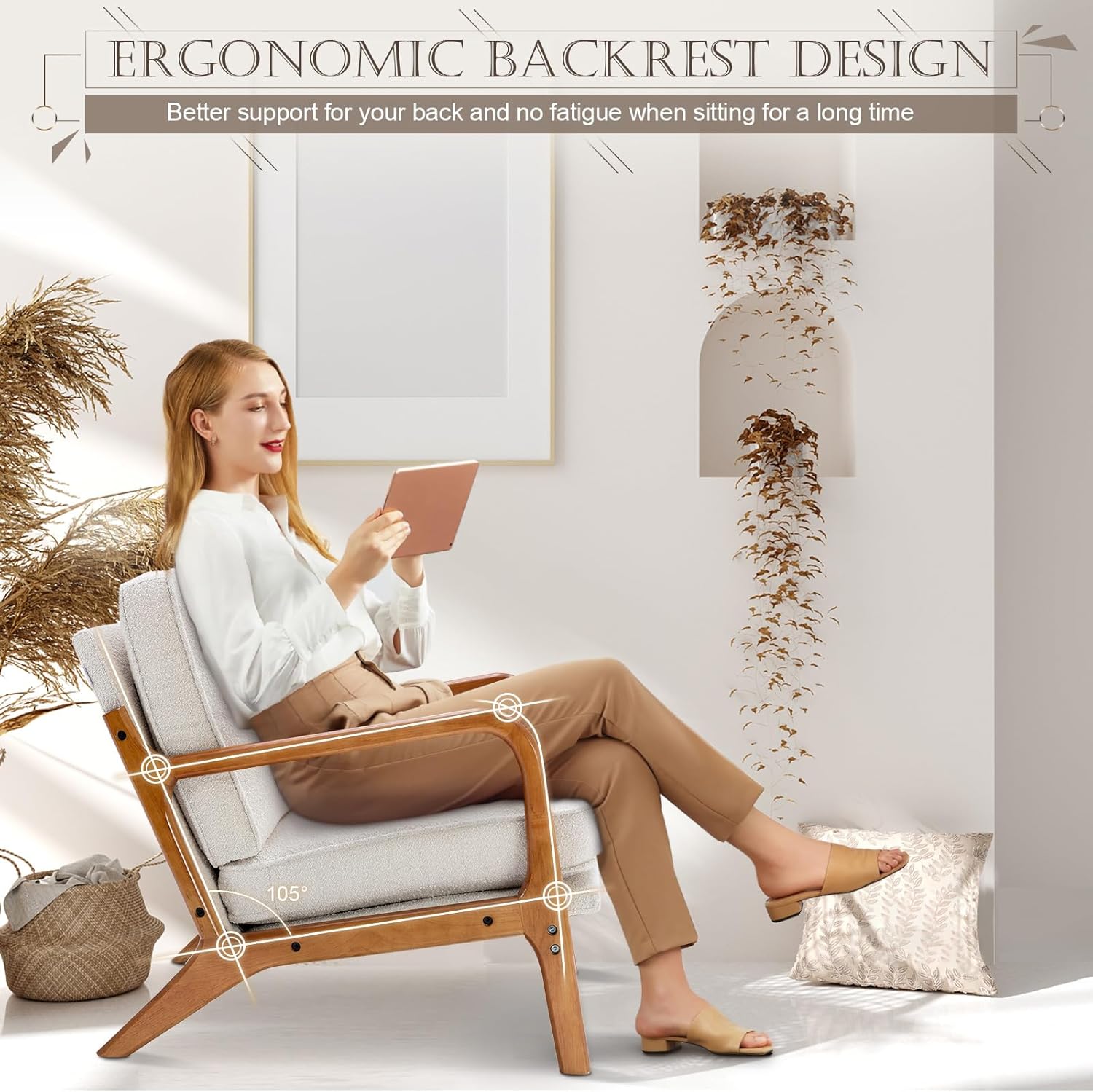 KINFFICT Silla decorativa tapizada de mediados de siglo, cómoda silla de descanso con cojín grueso, moderna silla de madera con brazos, silla de