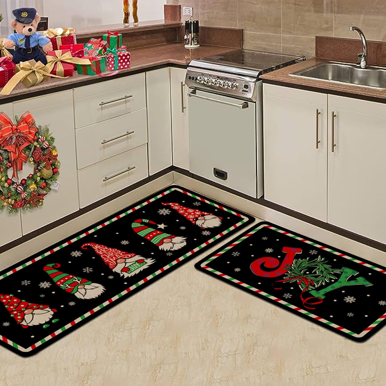 Eikunn Juego de 2 alfombras de cocina de Navidad, gnomos negros, tapete de cocina para el piso, Navidad, invierno, vacaciones, antideslizante,