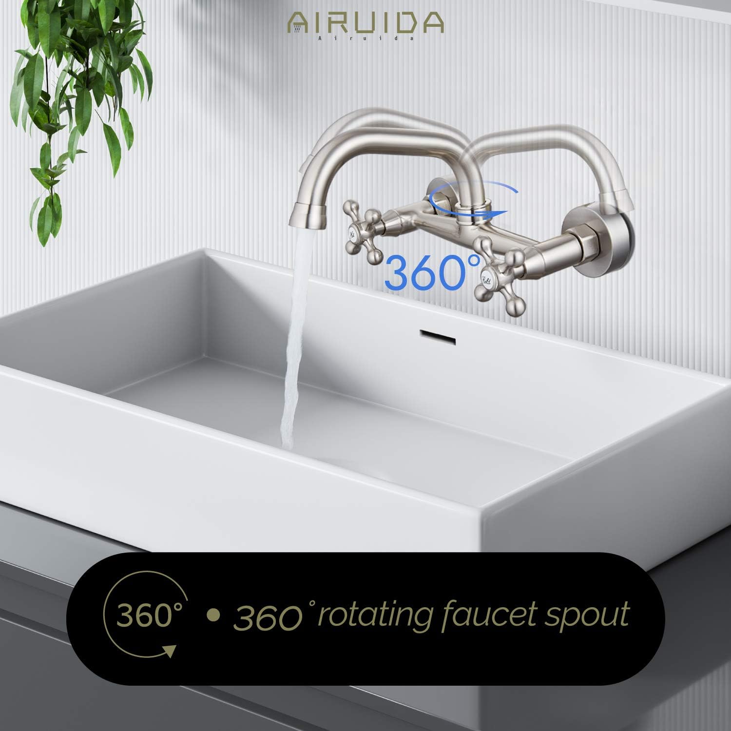 Airuida Grifo de fregadero de cocina de montaje en pared para pico de 6 pulgadas (5.9 in), centro ajustable, centro ajustable, asas cruzadas, agua