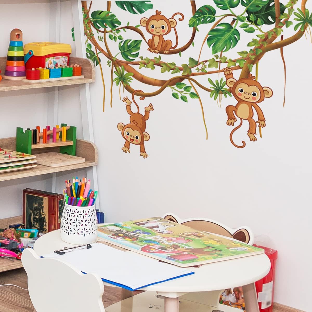 Calcomanías de pared de animales para despegar y pegar, calcomanías de pared de árboles de monos para habitación de los niños, decoración de pared