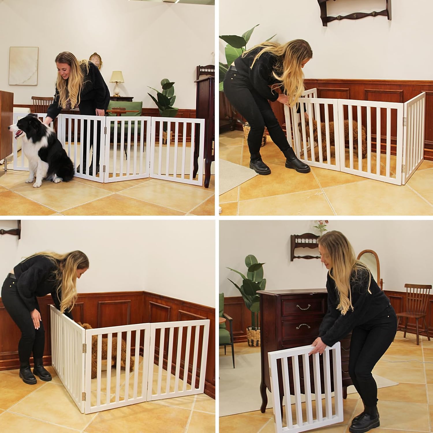 Puerta plegable independiente para perros para casa, puerta de madera extra ancha para cachorros, escaleras para perros, puertas altas para